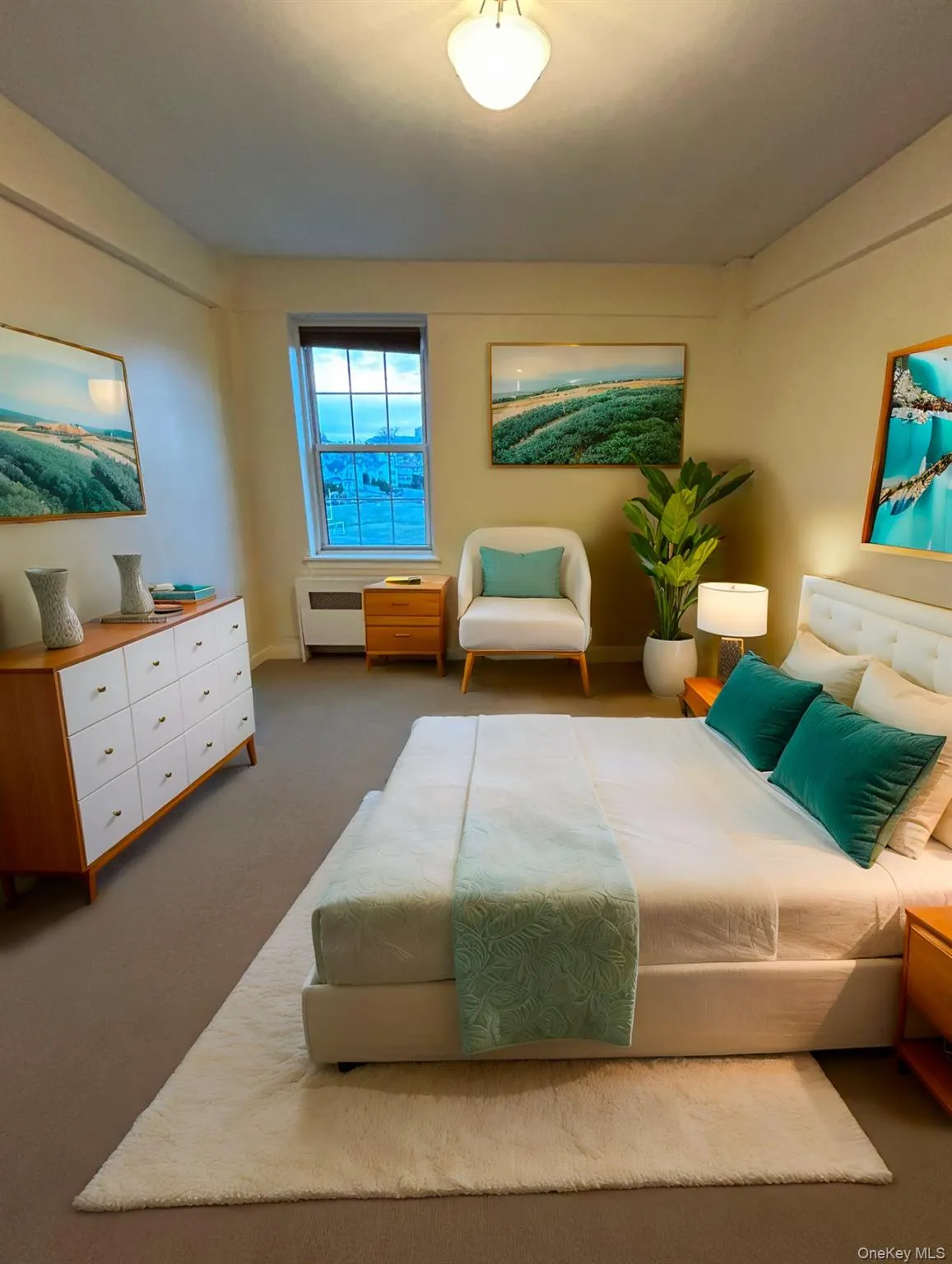 Carpeted bedroom with radiator heating unit Carpeted bedroom with radiator heating unit