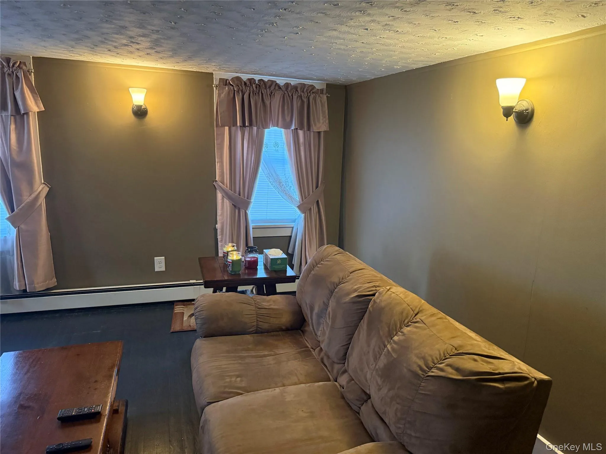 Living room featuring a textured ceiling and baseboard heating Living room featuring a textured ceiling and baseboard heating