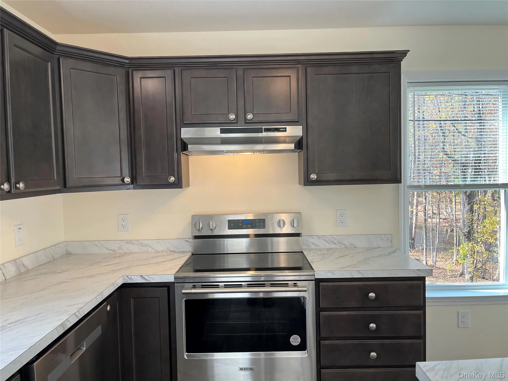 Kitchen featuring stainless steel appliances, dark brown cabinets, light countertops, and under cabinet range hood Kitchen featuring stainless steel appliances, dark brown cabinets, light countertops, and under cabinet range hood