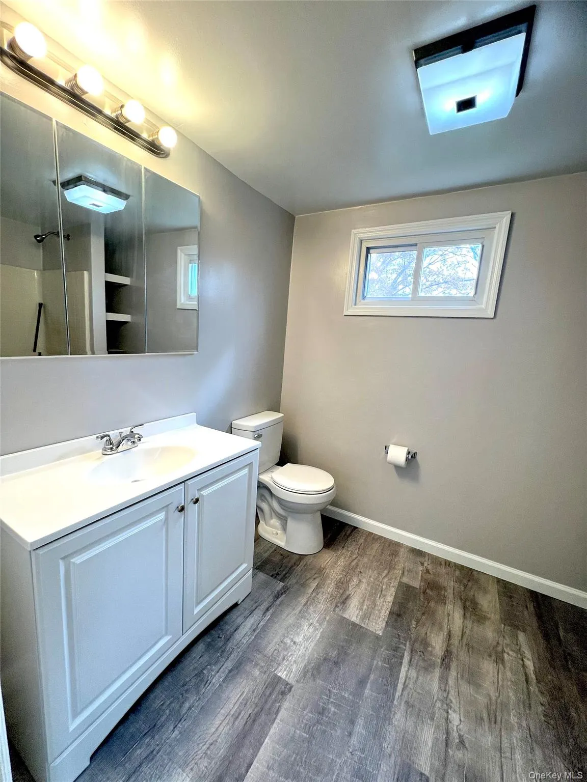 Full bath featuring vanity and dark wood-style flooring Full bath featuring vanity and dark wood-style flooring