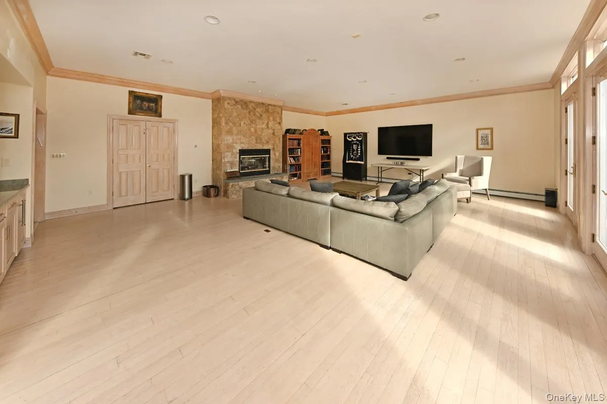 Living room featuring crown molding, light wood-style floors, a baseboard heating unit, recessed lighting, and a stone fireplace Living room featuring crown molding, light wood-style floors, a baseboard heating unit, recessed lighting, and a stone fireplace
