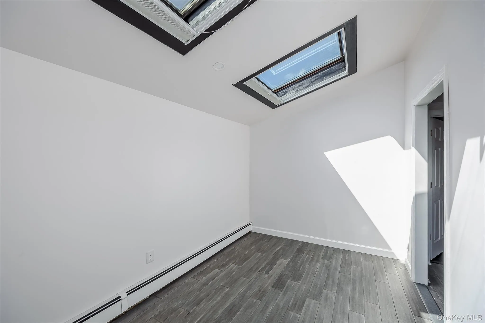 Additional living space with a skylight, a baseboard heating unit, and dark wood-type flooring Additional living space with a skylight, a baseboard heating unit, and dark wood-type flooring