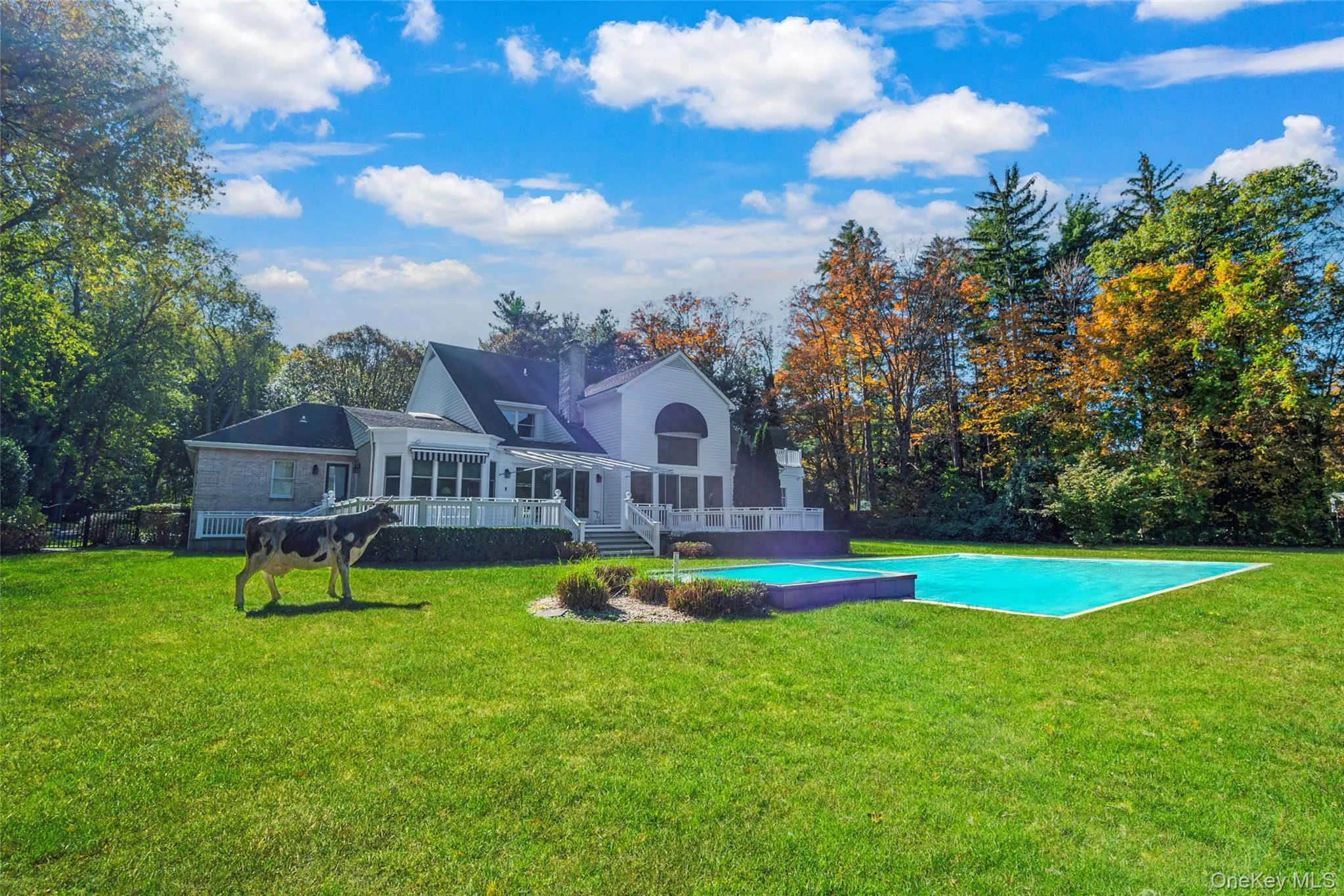 Rear view of property with a lawn, an outdoor pool, a patio, and view of scattered trees Rear view of property with a lawn, an outdoor pool, a patio, and view of scattered trees