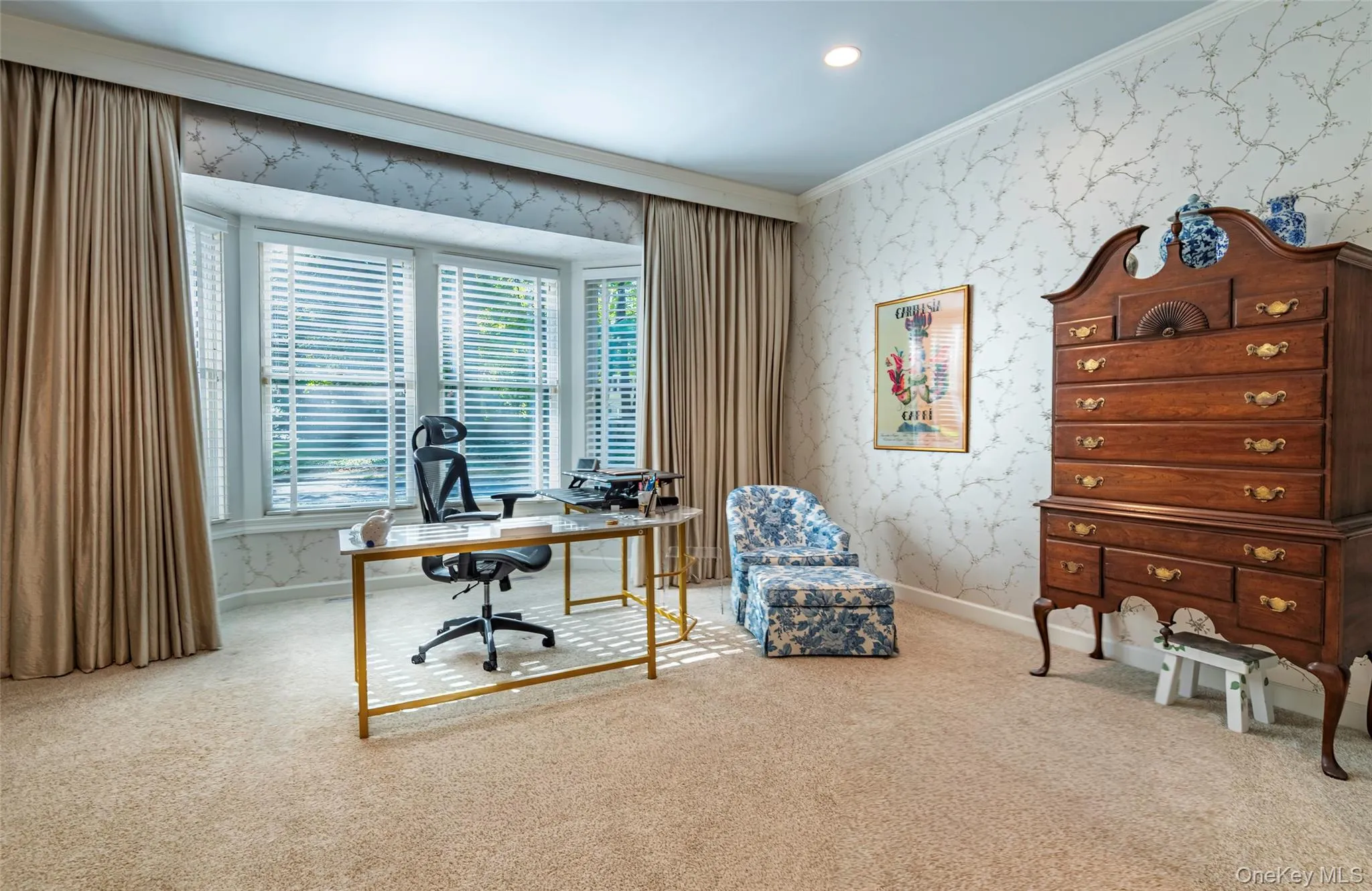 Office featuring wallpapered walls, crown molding, carpet floors, and recessed lighting Office featuring wallpapered walls, crown molding, carpet floors, and recessed lighting