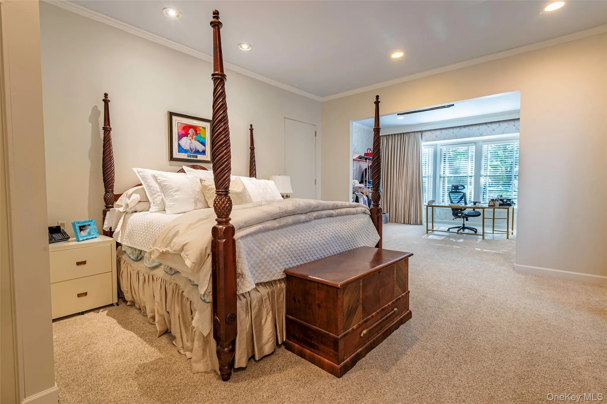 Bedroom featuring a desk, light colored carpet, crown molding, and recessed lighting Bedroom featuring a desk, light colored carpet, crown molding, and recessed lighting