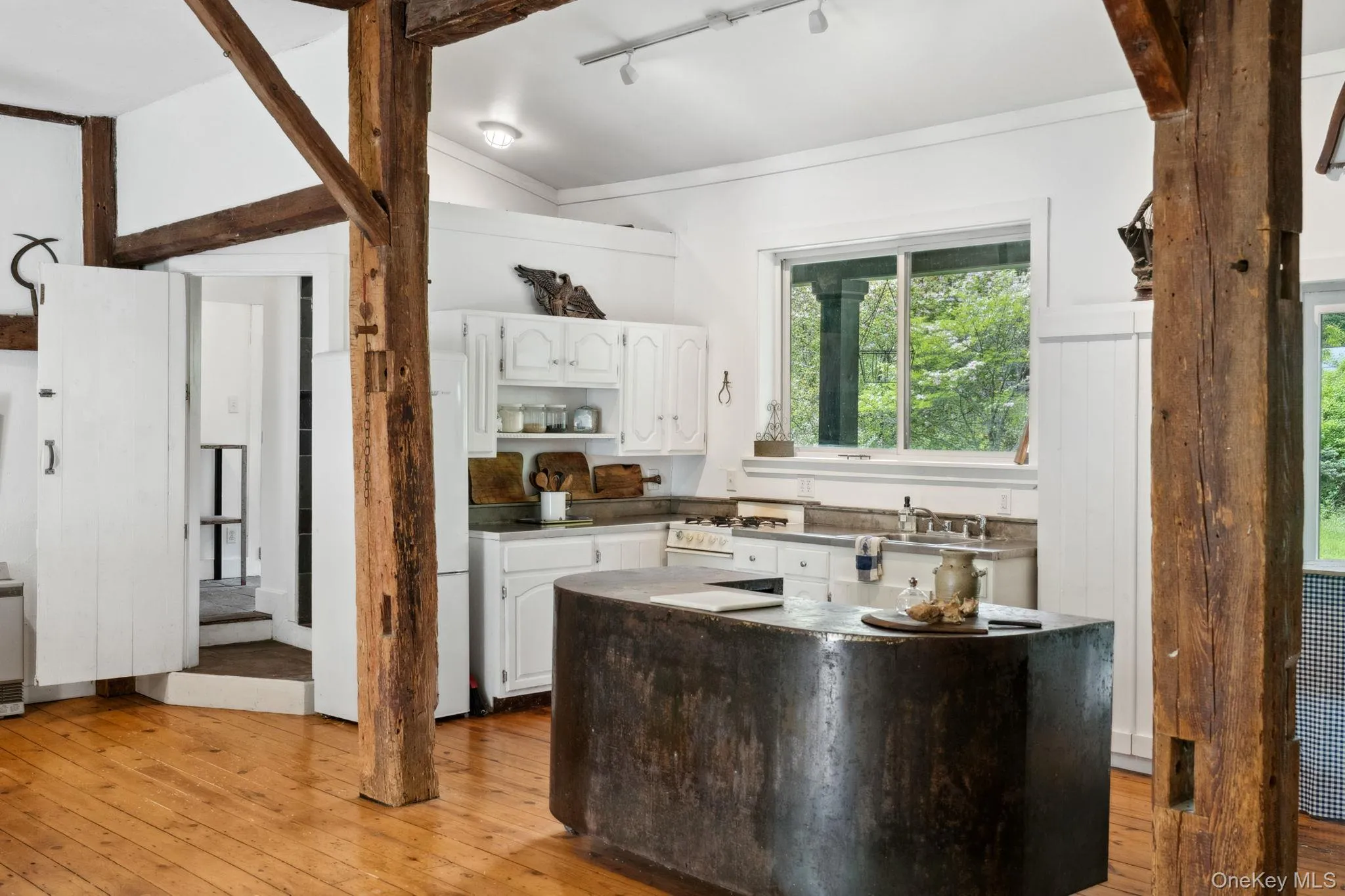 Kitchen featuring light wood-style flooring, white cabinetry, dark countertops, rail lighting, and crown molding Kitchen featuring light wood-style flooring, white cabinetry, dark countertops, rail lighting, and crown molding