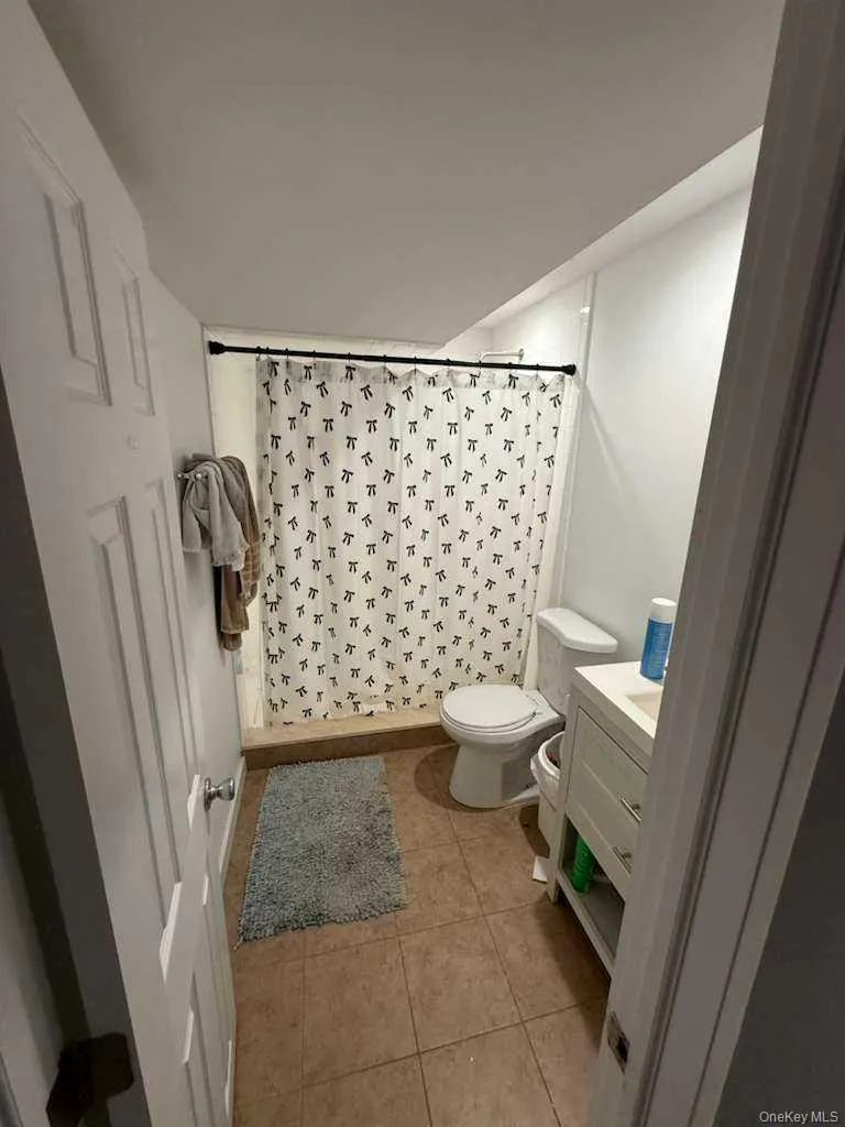 Bathroom featuring vanity, light tile patterned floors, and curtained shower Bathroom featuring vanity, light tile patterned floors, and curtained shower