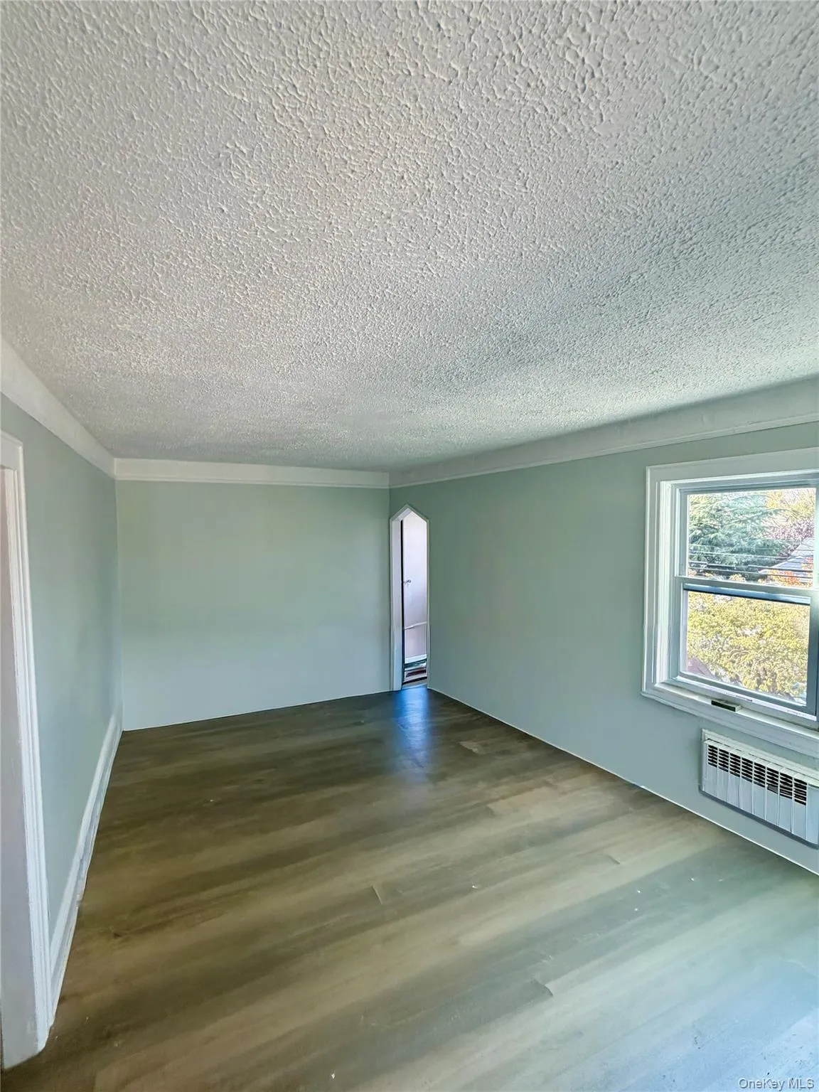 Spare room with wood finished floors, arched walkways, radiator heating unit, and a textured ceiling Spare room with wood finished floors, arched walkways, radiator heating unit, and a textured ceiling
