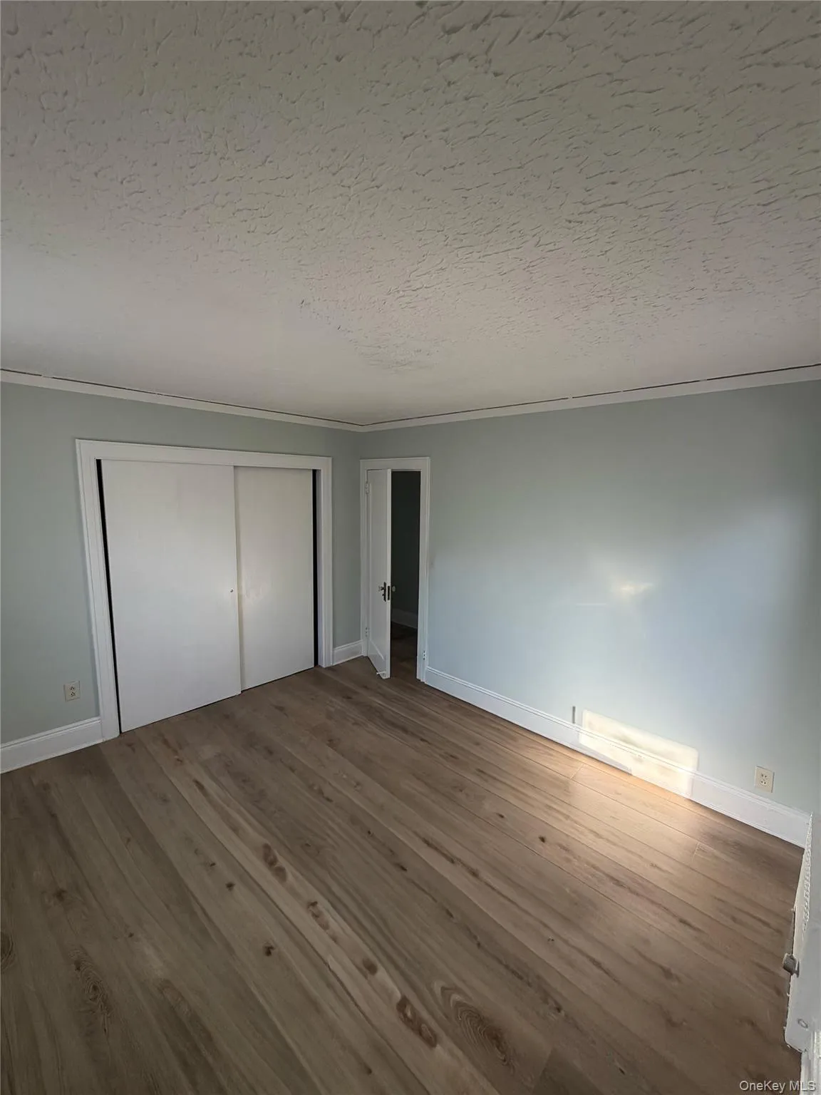Unfurnished bedroom with ornamental molding, a textured ceiling, wood finished floors, and a closet Unfurnished bedroom with ornamental molding, a textured ceiling, wood finished floors, and a closet