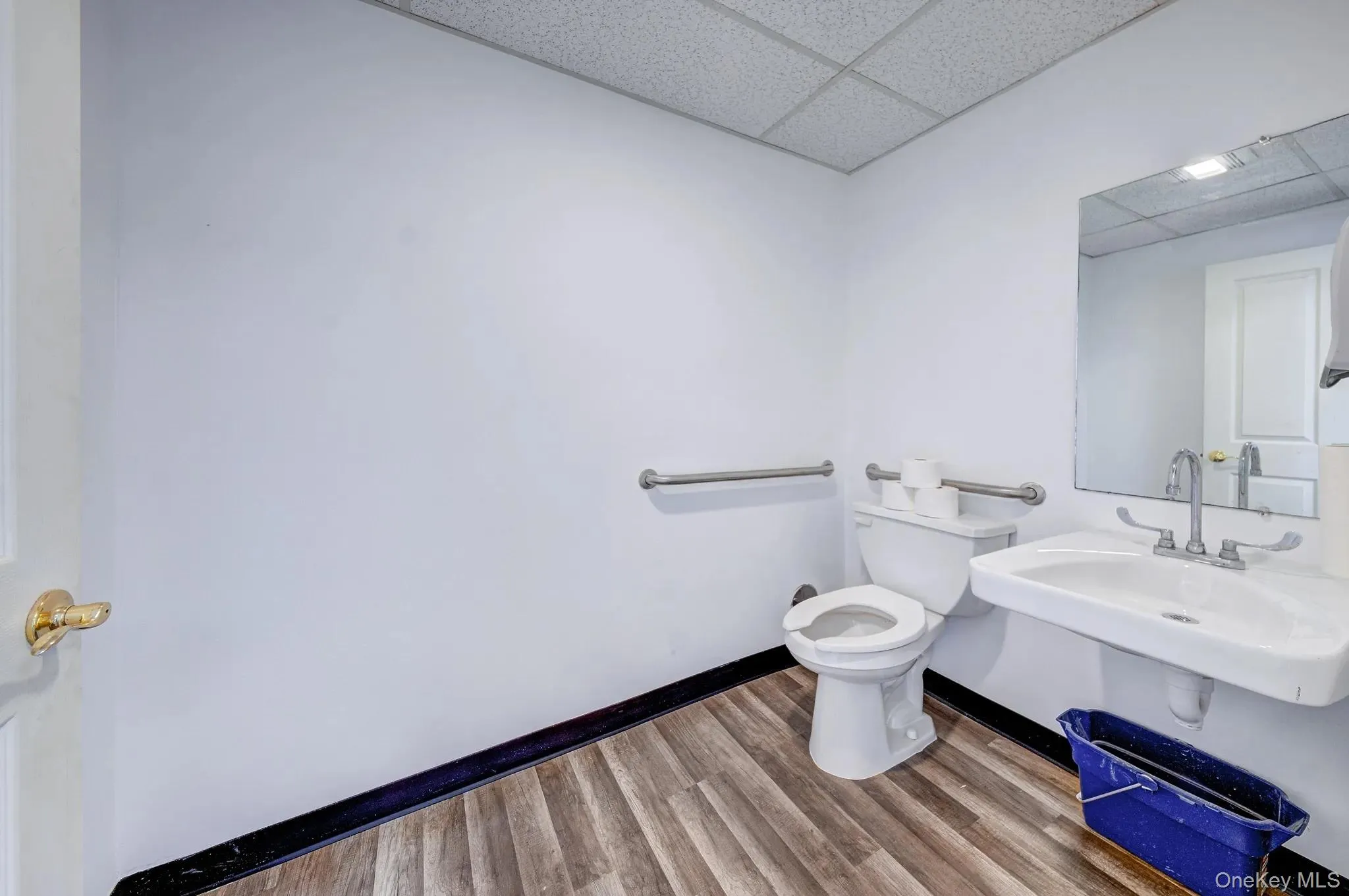Half bath with a paneled ceiling and light wood-style flooring Half bath with a paneled ceiling and light wood-style flooring