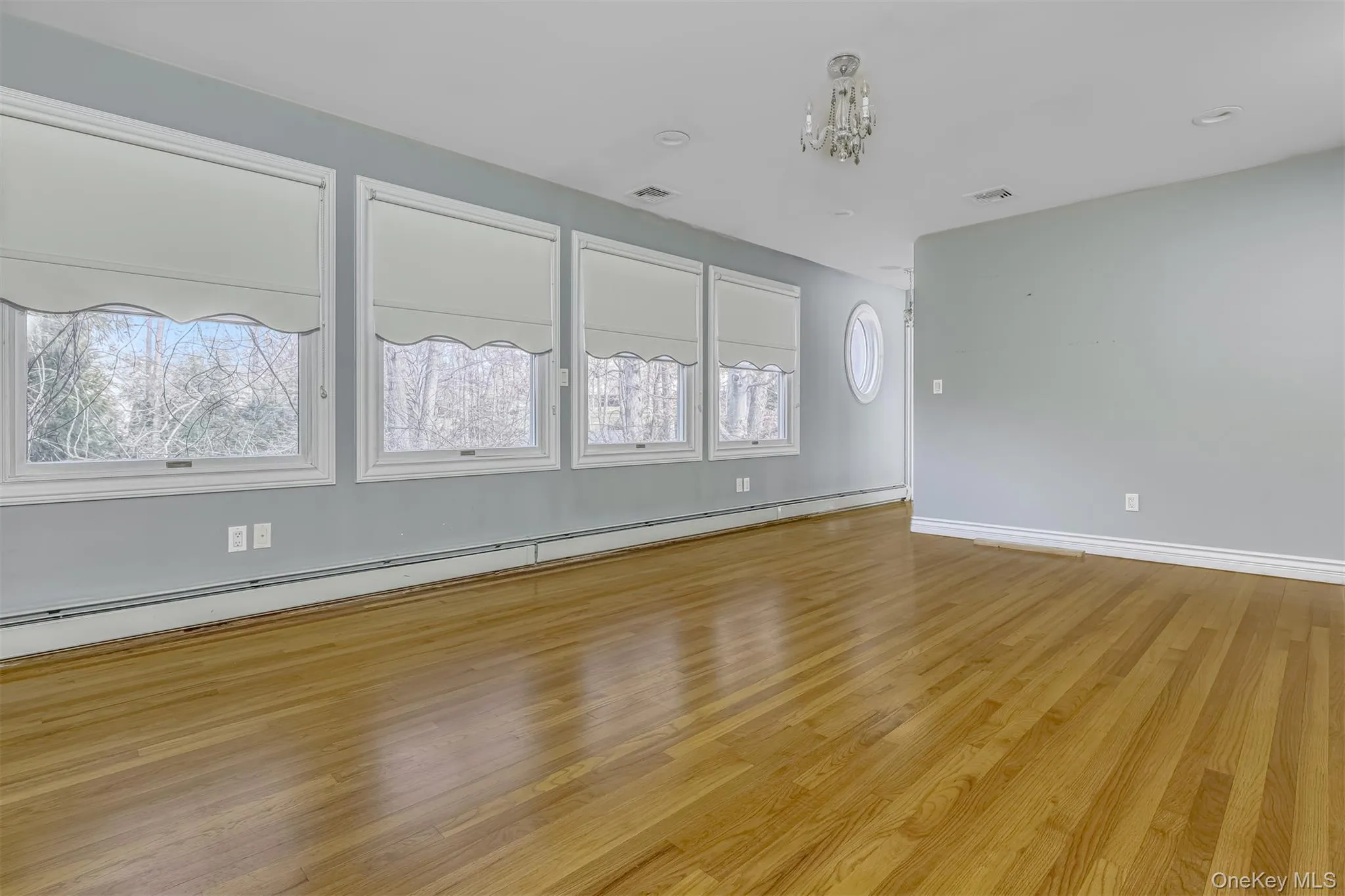 Spare room featuring a baseboard radiator and light wood finished floors Spare room featuring a baseboard radiator and light wood finished floors