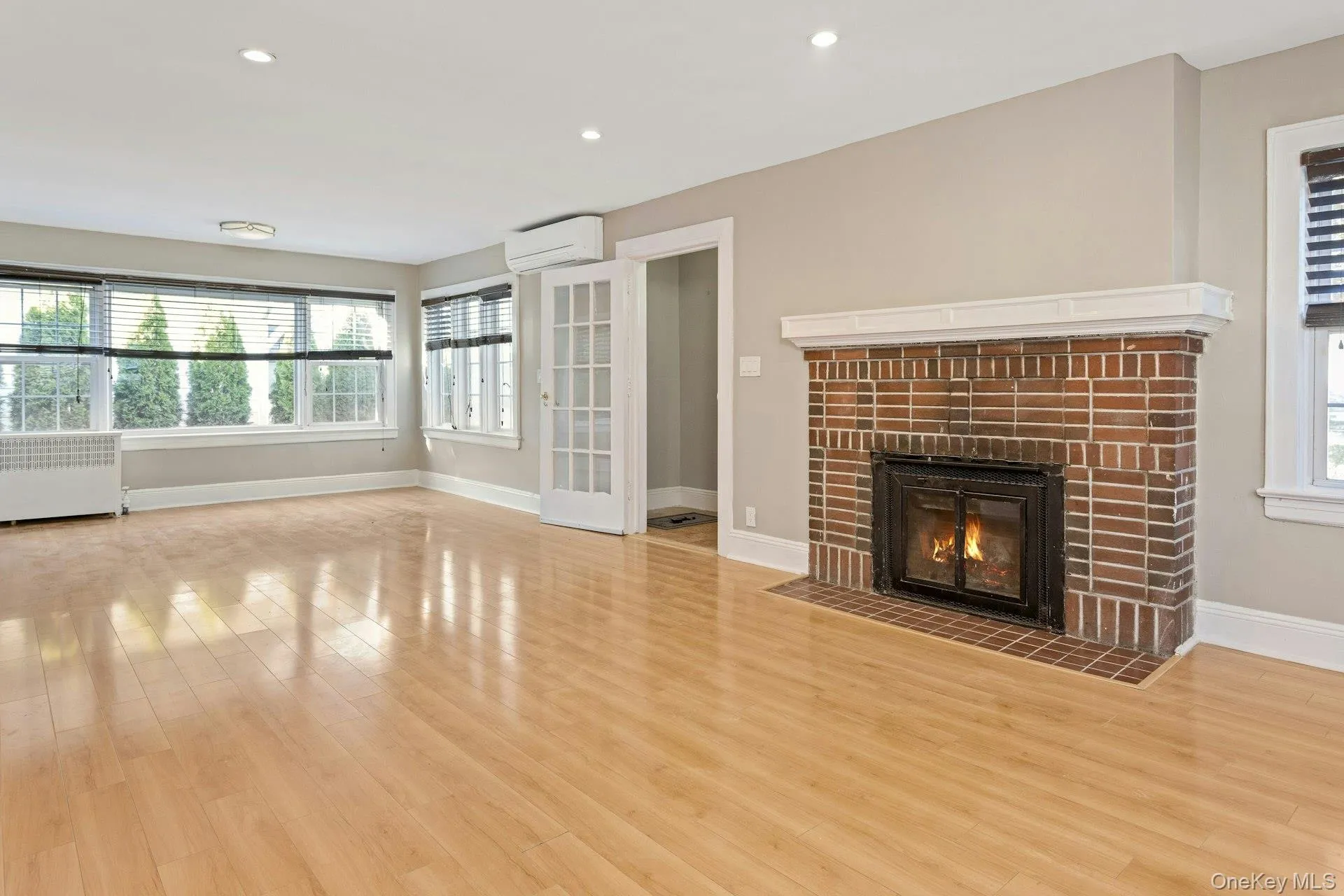 Living room, radiator heating unit, wall mounted air conditioner, and light wood-style floors. Living room, radiator heating unit, wall mounted air conditioner, and light wood-style floors.