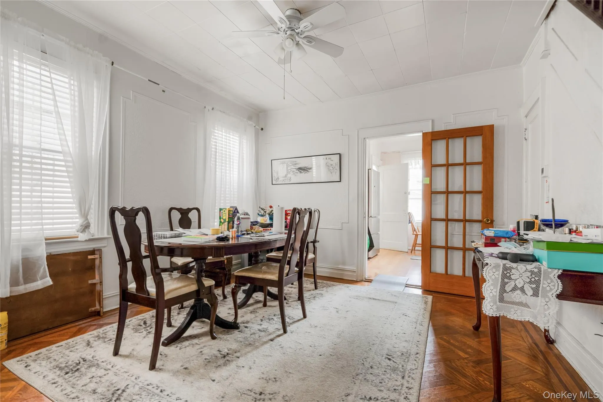 Dining space featuring ceiling fan and crown molding Dining space featuring ceiling fan and crown molding