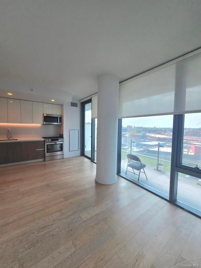 Unfurnished living room featuring floor to ceiling windows, light wood-style flooring, and a city view Unfurnished living room featuring floor to ceiling windows, light wood-style flooring, and a city view