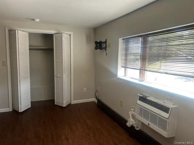 Bedroom with baseboard heating, dark wood-style flooring, a closet, and a wall mounted AC Bedroom with baseboard heating, dark wood-style flooring, a closet, and a wall mounted AC