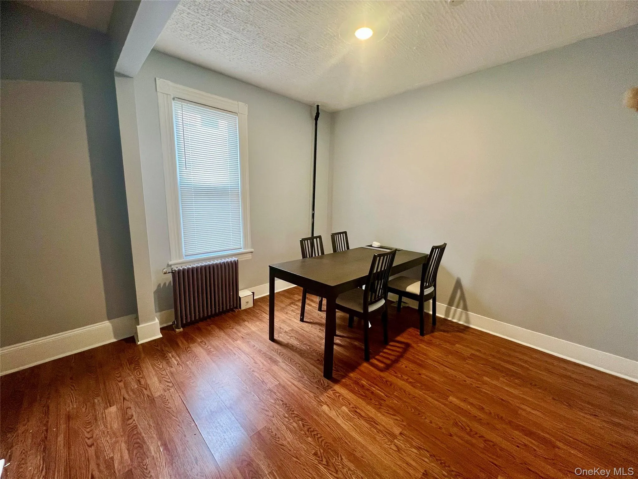 Dining space featuring a textured ceiling, radiator, and wood finished floors Dining space featuring a textured ceiling, radiator, and wood finished floors