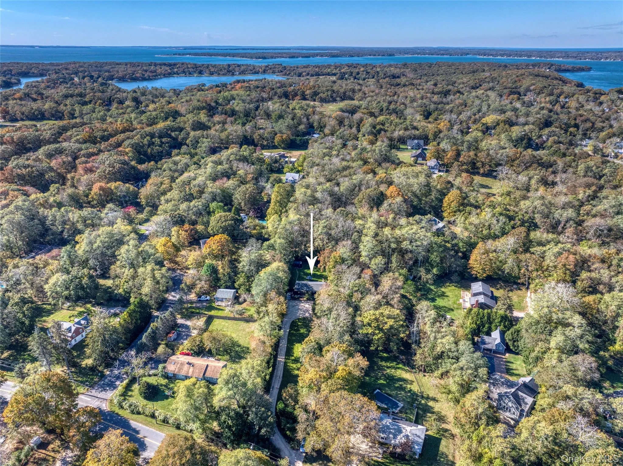 Aerial overview of property's location with a large body of water and a heavily wooded area Aerial overview of property's location with a large body of water and a heavily wooded area