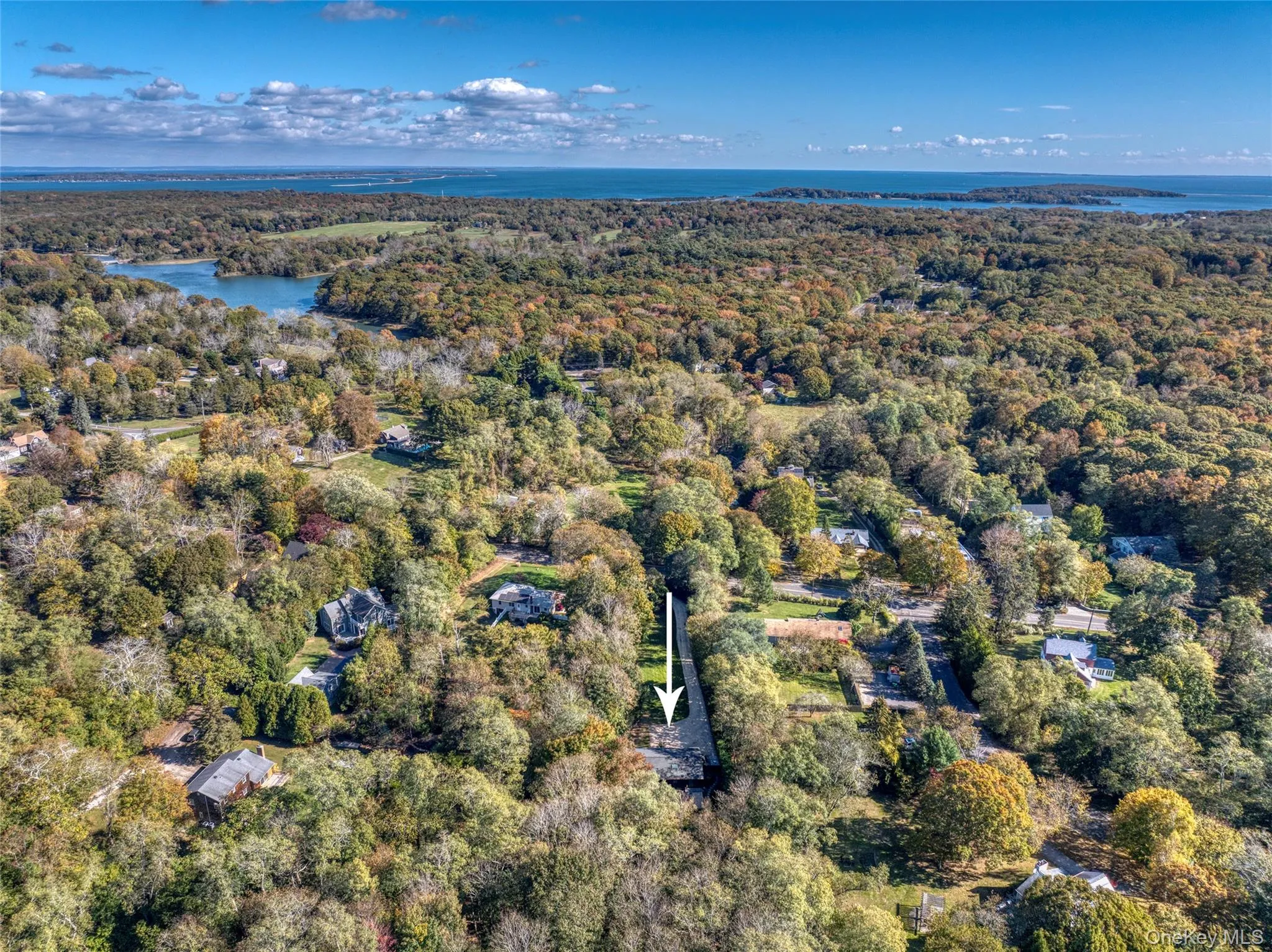 Aerial view of property and surrounding area featuring a large body of water and a heavily wooded area Aerial view of property and surrounding area featuring a large body of water and a heavily wooded area