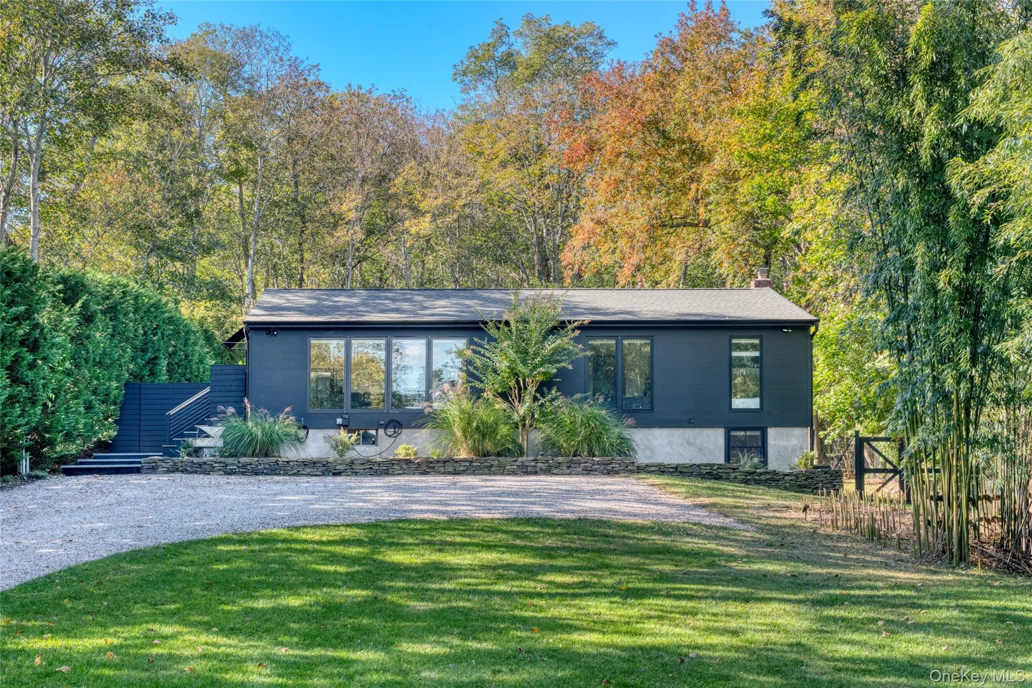 View of front of property featuring a front yard, a chimney, and a wooded view View of front of property featuring a front yard, a chimney, and a wooded view