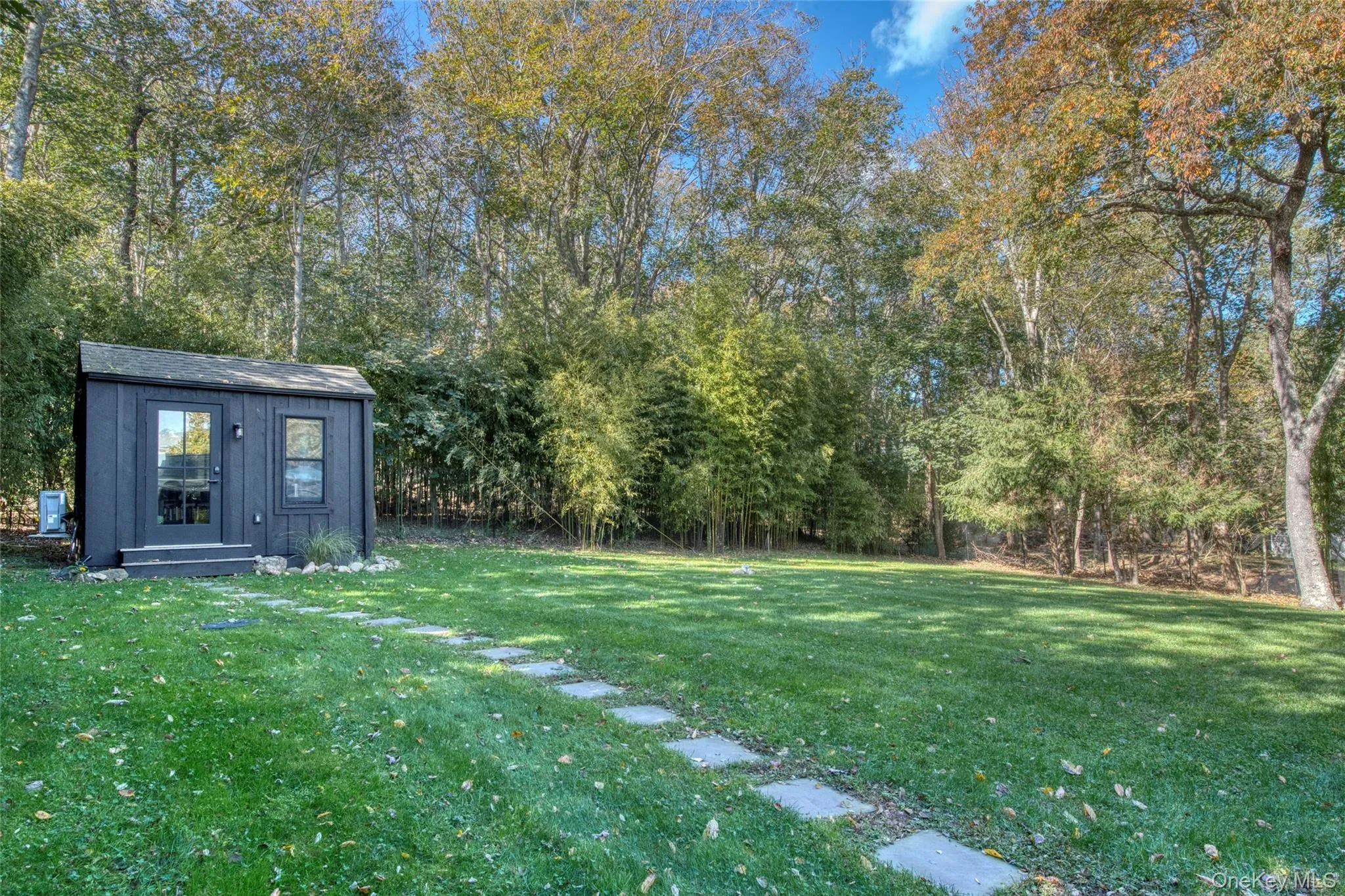 View of green lawn with a storage unit View of green lawn with a storage unit