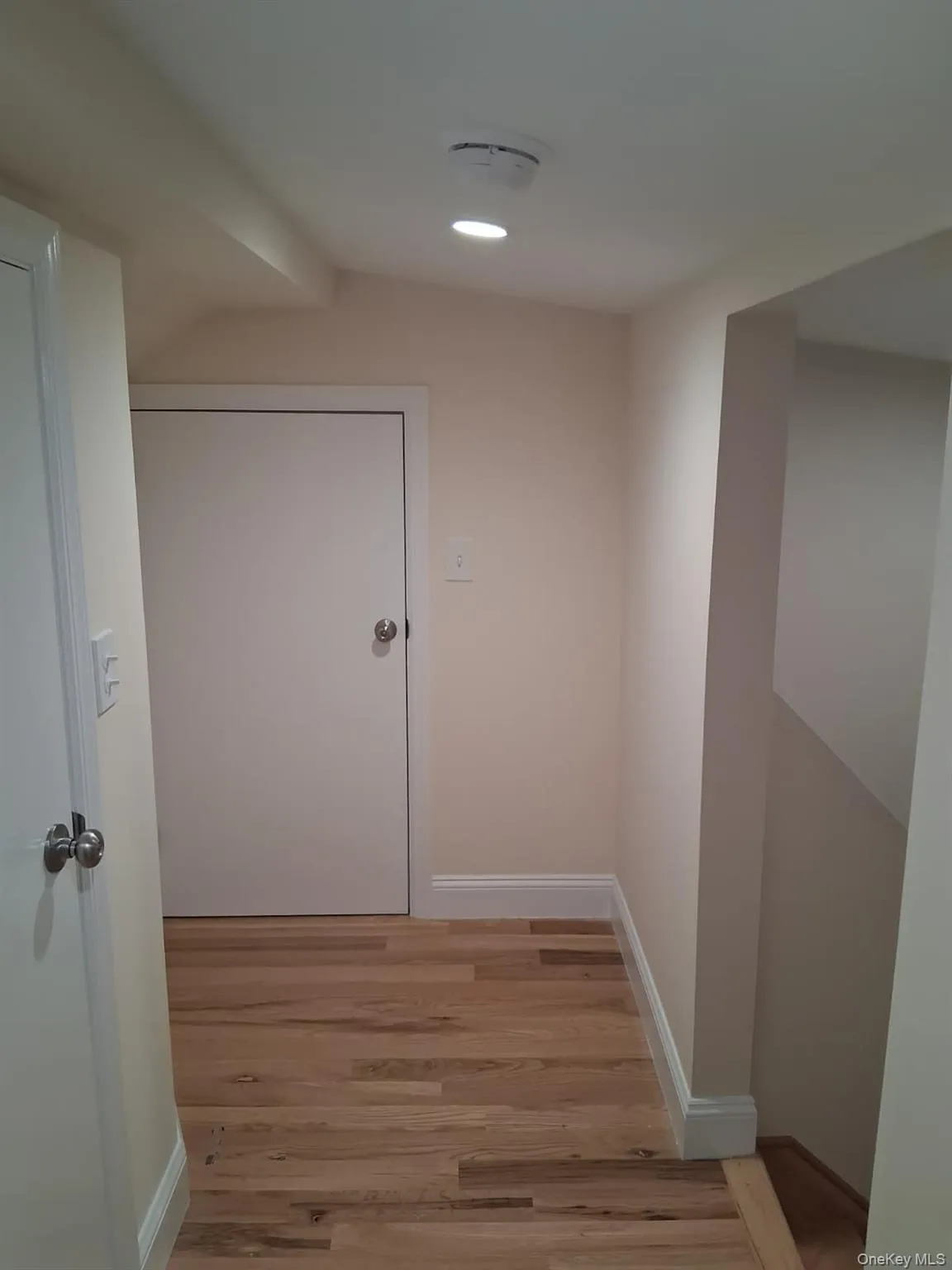Hallway featuring light wood-style floors and baseboards Hallway featuring light wood-style floors and baseboards