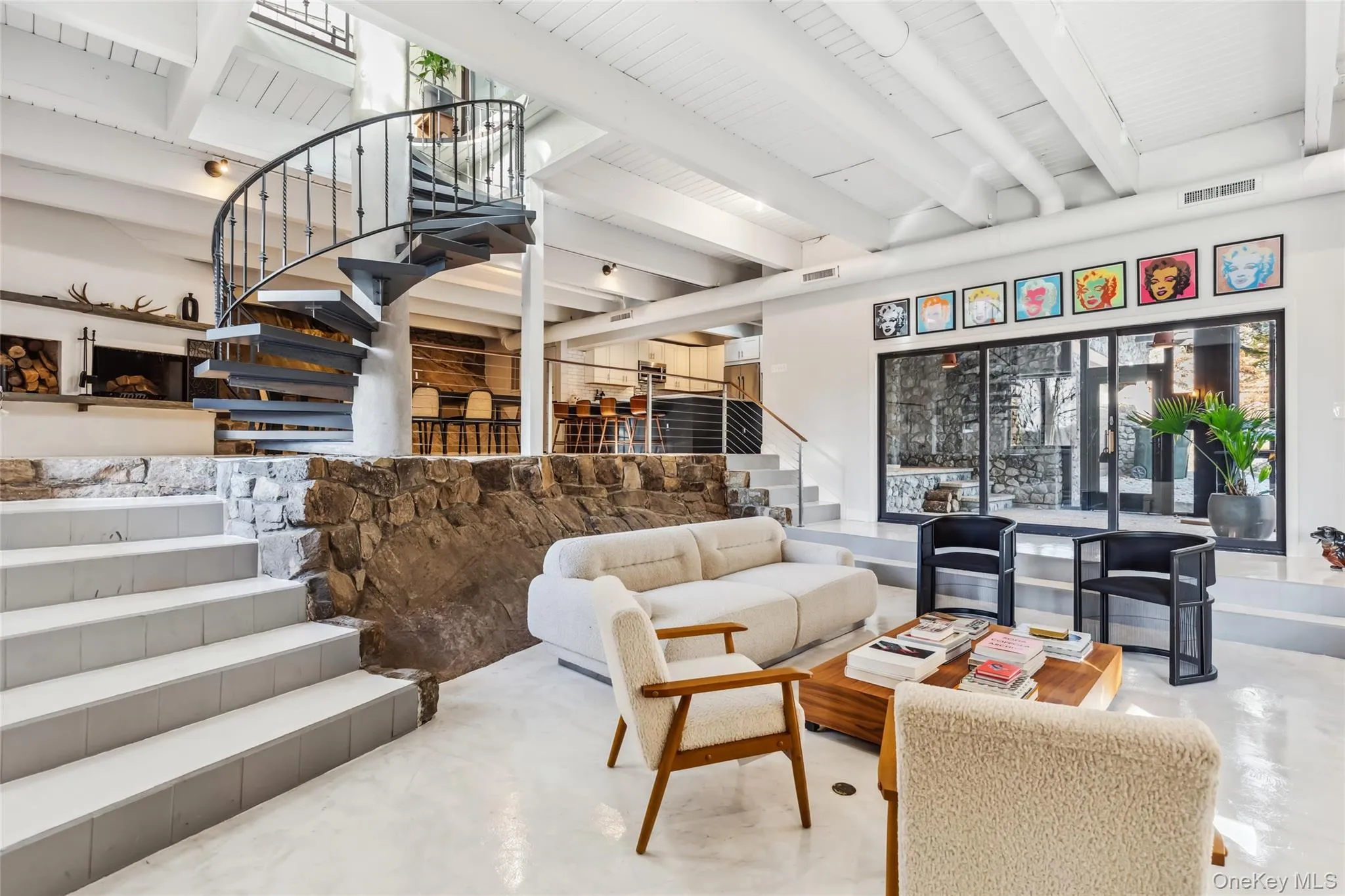 Living room with high ceilings, pellet stove, opening to dining room and kitchen Living room with high ceilings, pellet stove, opening to dining room and kitchen