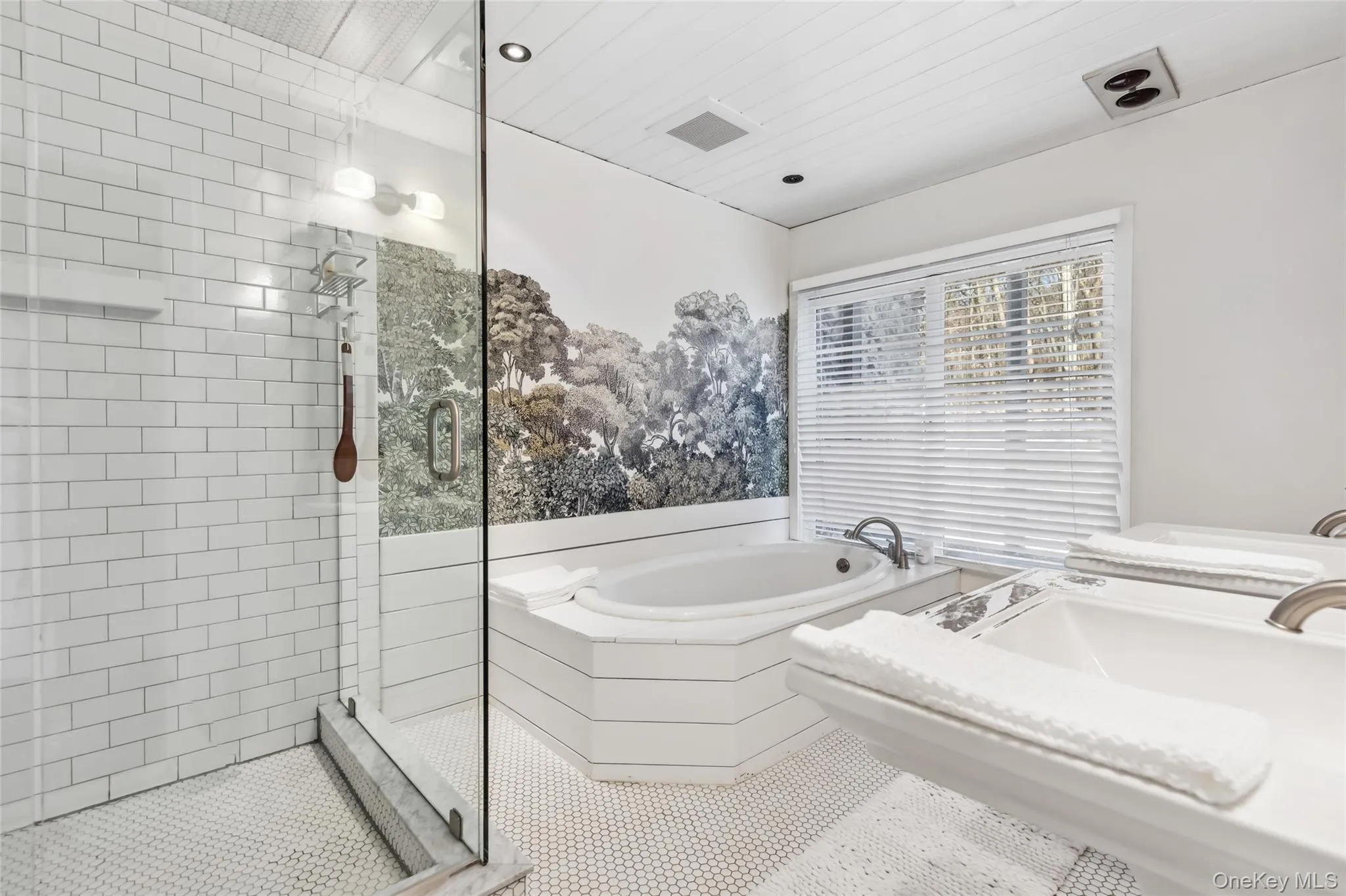 Bathroom featuring separate shower and tub and tile patterned floors Bathroom featuring separate shower and tub and tile patterned floors