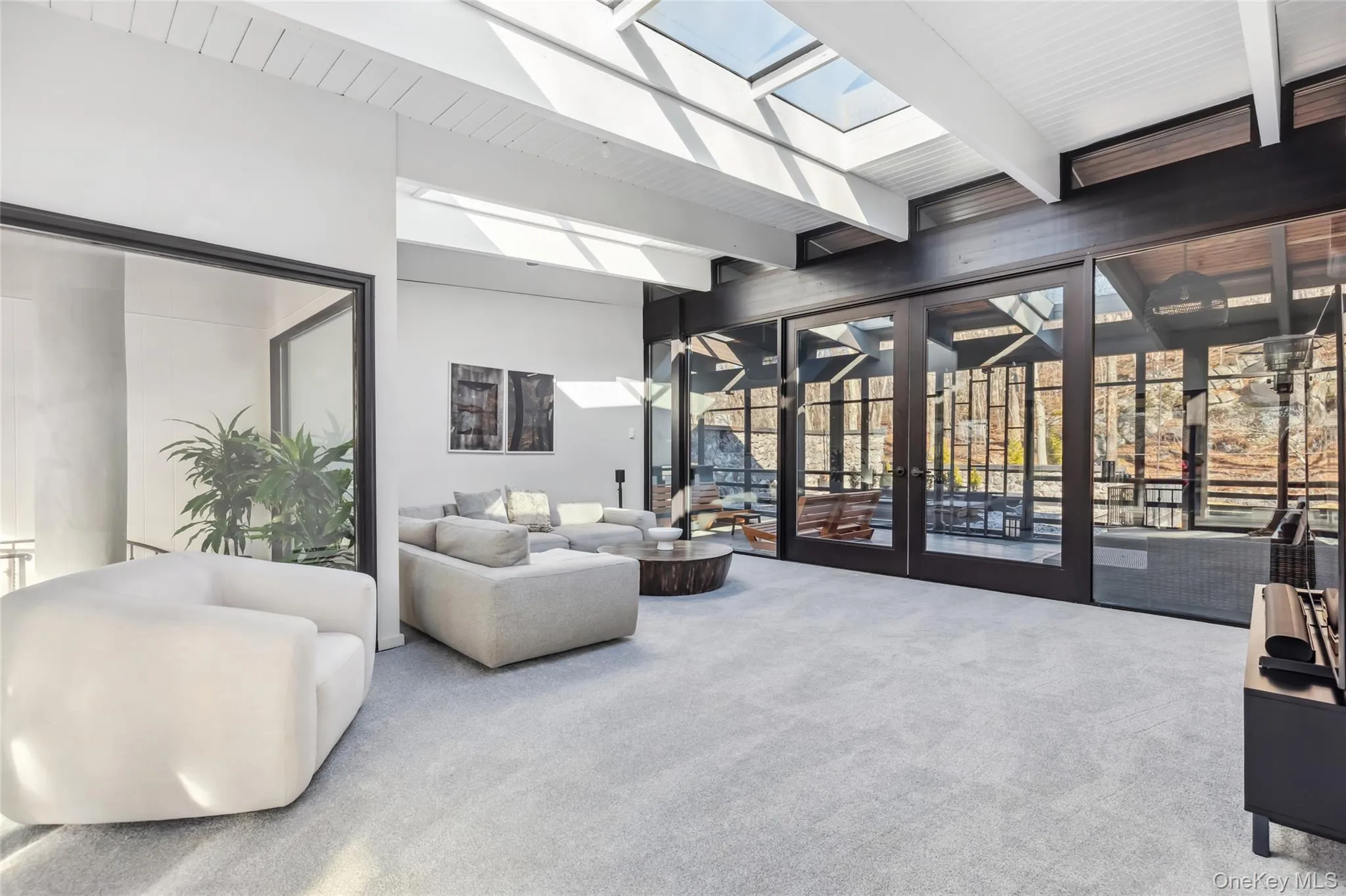 Second living room with carpet, beam ceiling, access to screened-in porch, and a skylight Second living room with carpet, beam ceiling, access to screened-in porch, and a skylight