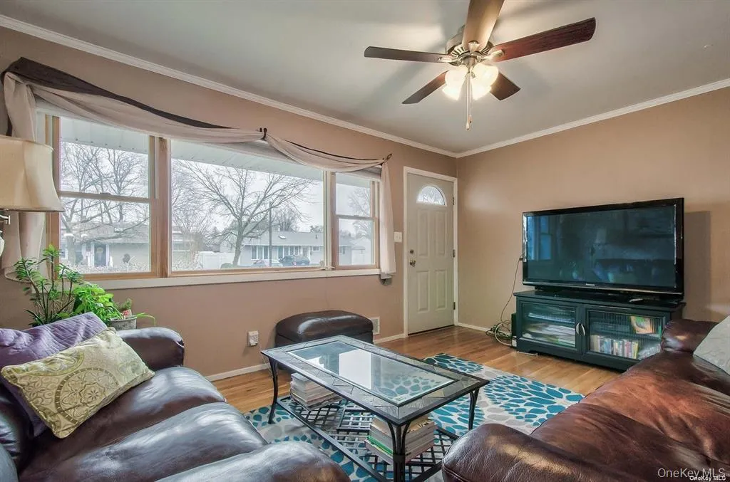 Living room featuring ornamental molding, light wood-type flooring, and a ceiling fan Living room featuring ornamental molding, light wood-type flooring, and a ceiling fan
