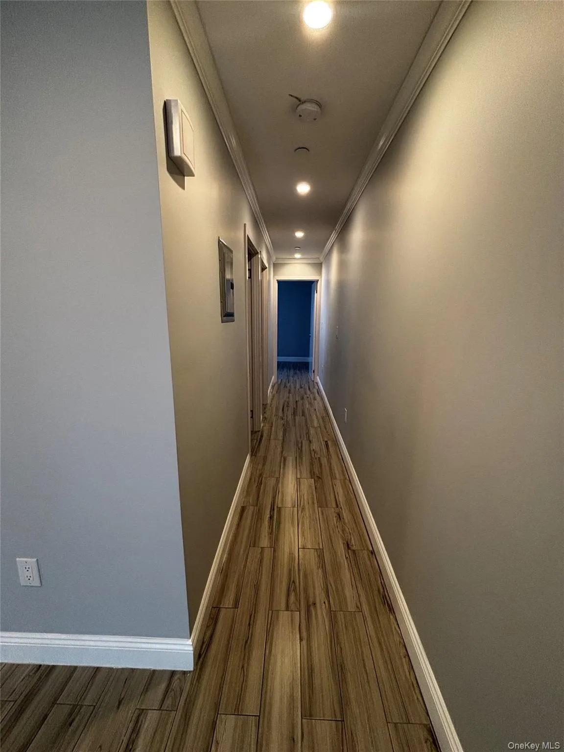 Hall featuring crown molding, dark wood finished floors, and recessed lighting Hall featuring crown molding, dark wood finished floors, and recessed lighting