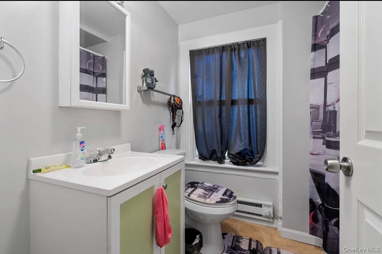 Bathroom featuring vanity, a baseboard radiator, and a shower with shower curtain Bathroom featuring vanity, a baseboard radiator, and a shower with shower curtain