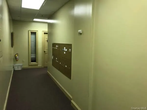 Corridor with mail area, dark carpet, and a drop ceiling Corridor with mail area, dark carpet, and a drop ceiling