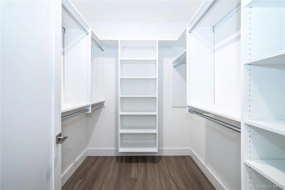 Spacious walk in closet featuring dark wood-type flooring Spacious walk in closet featuring dark wood-type flooring