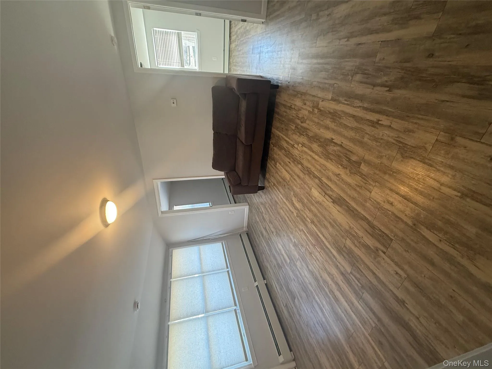 Living area with a baseboard radiator, dark wood-type flooring, and plenty of natural light Living area with a baseboard radiator, dark wood-type flooring, and plenty of natural light