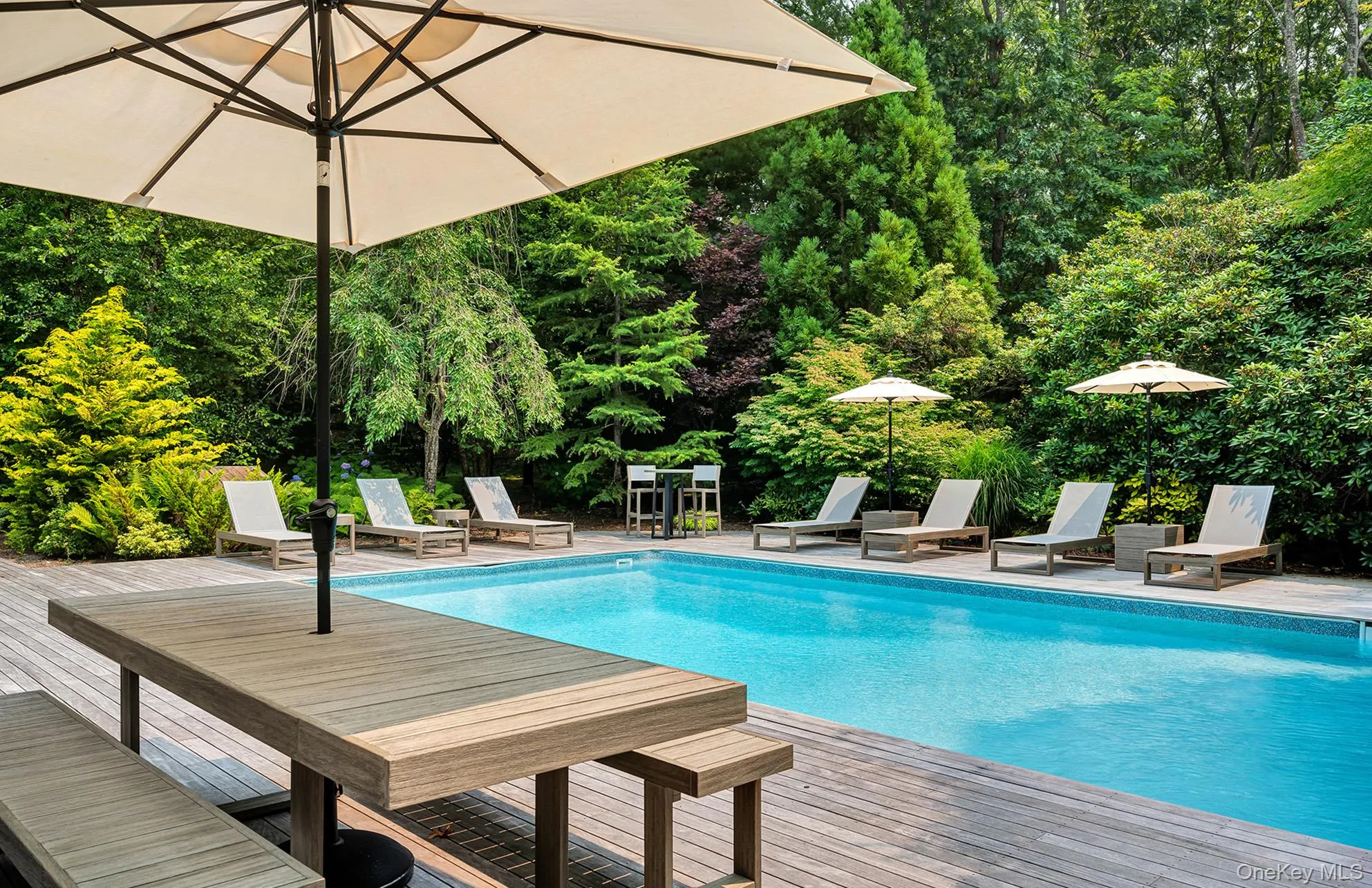 Swimming pool with outdoor dining space and a patio area Swimming pool with outdoor dining space and a patio area