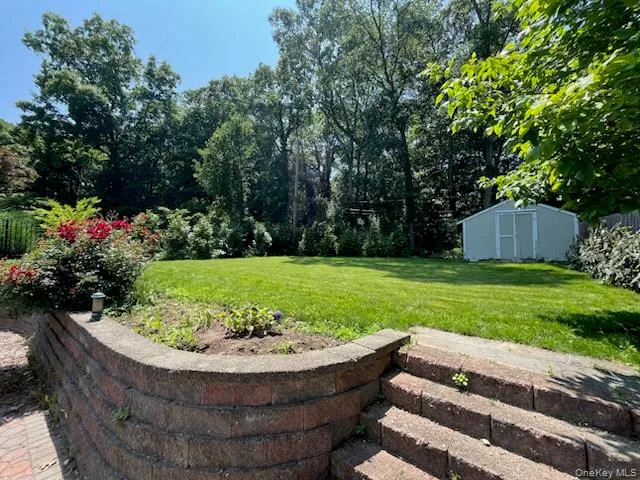 View of green lawn with a storage shed View of green lawn with a storage shed