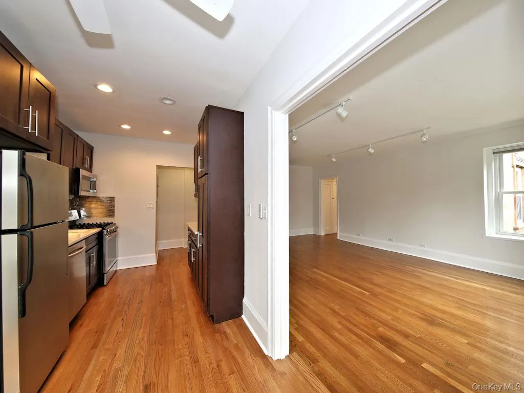 Kitchen with stainless steel appliances, dark brown cabinets, track lighting, light wood finished floors, and recessed lighting Kitchen with stainless steel appliances, dark brown cabinets, track lighting, light wood finished floors, and recessed lighting