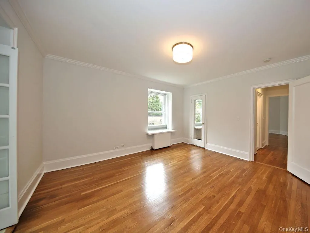 Spare room featuring crown molding, light wood finished floors, and radiator heating unit Spare room featuring crown molding, light wood finished floors, and radiator heating unit