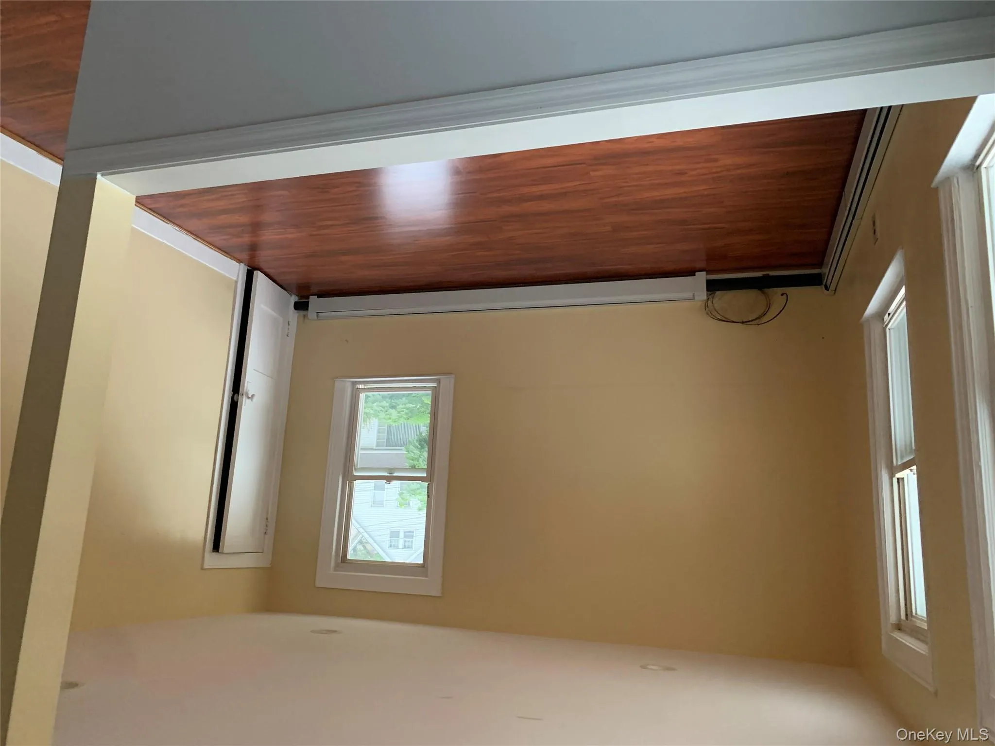 Empty room with a baseboard radiator and dark wood-type flooring Empty room with a baseboard radiator and dark wood-type flooring
