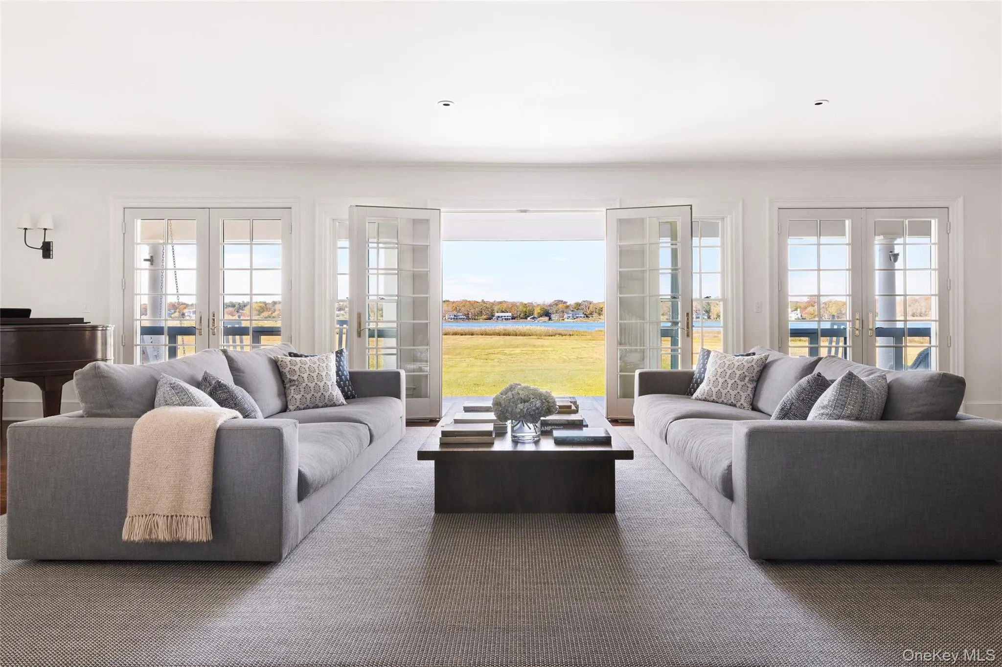 Living room featuring french doors, healthy amount of natural light, and crown molding Living room featuring french doors, healthy amount of natural light, and crown molding