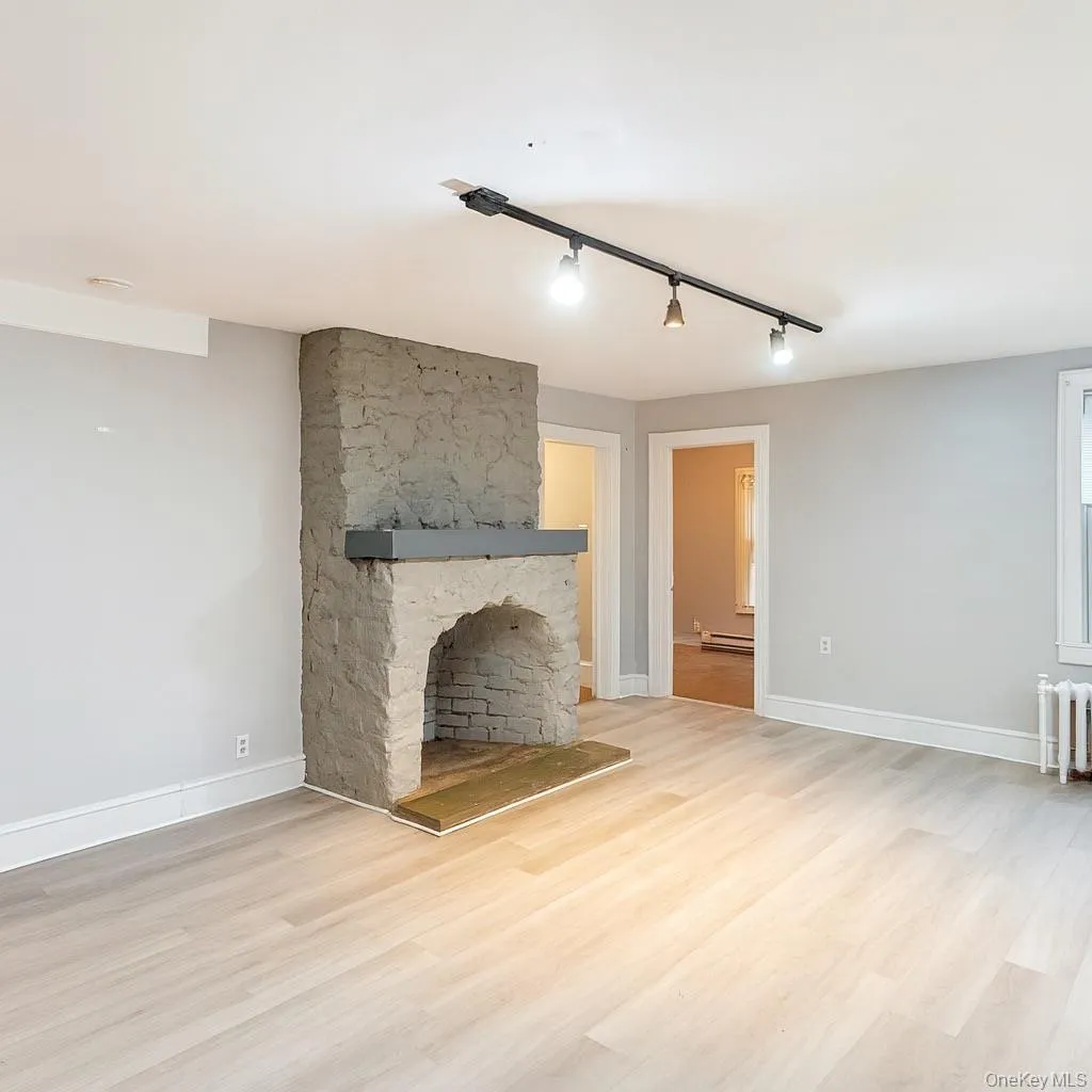 Unfurnished living room with rail lighting, light wood finished floors, a stone fireplace, and radiator heating unit Unfurnished living room with rail lighting, light wood finished floors, a stone fireplace, and radiator heating unit
