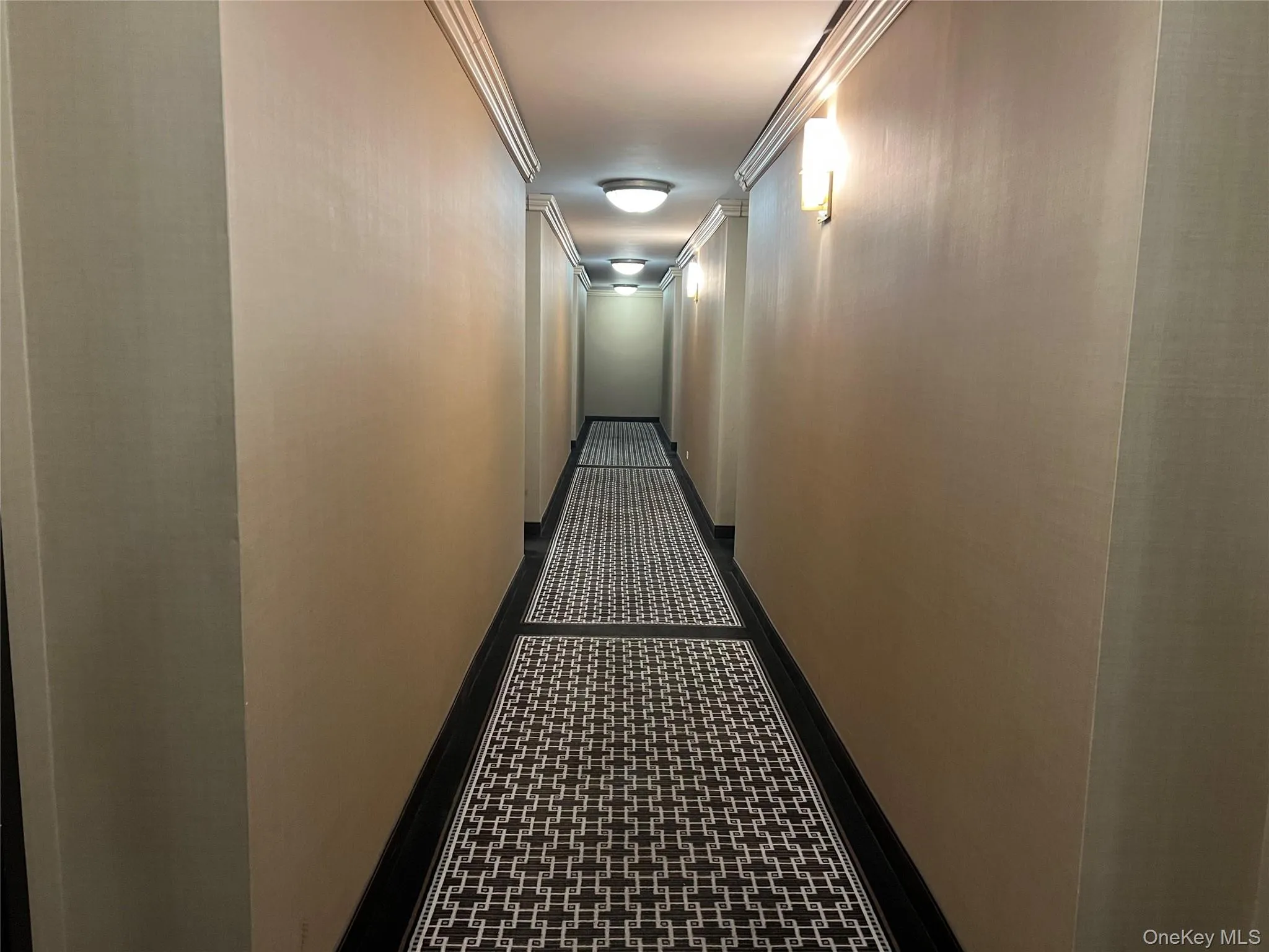 Hallway featuring ornamental molding and dark tile patterned floors Hallway featuring ornamental molding and dark tile patterned floors