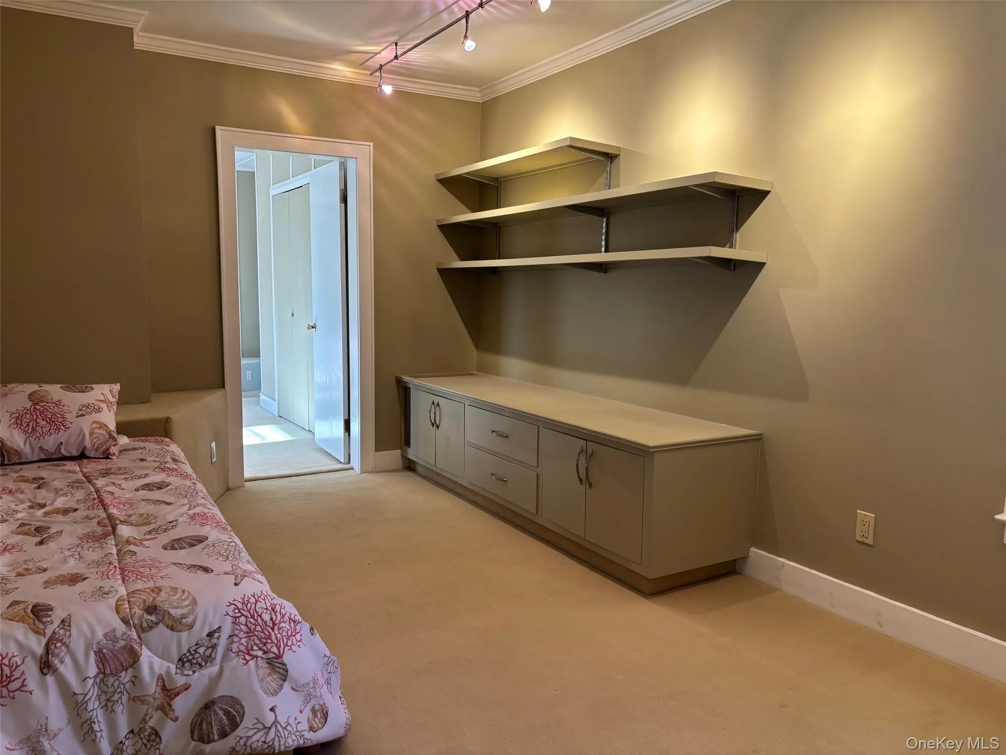 Bedroom with crown molding, light carpet, and rail lighting Bedroom with crown molding, light carpet, and rail lighting