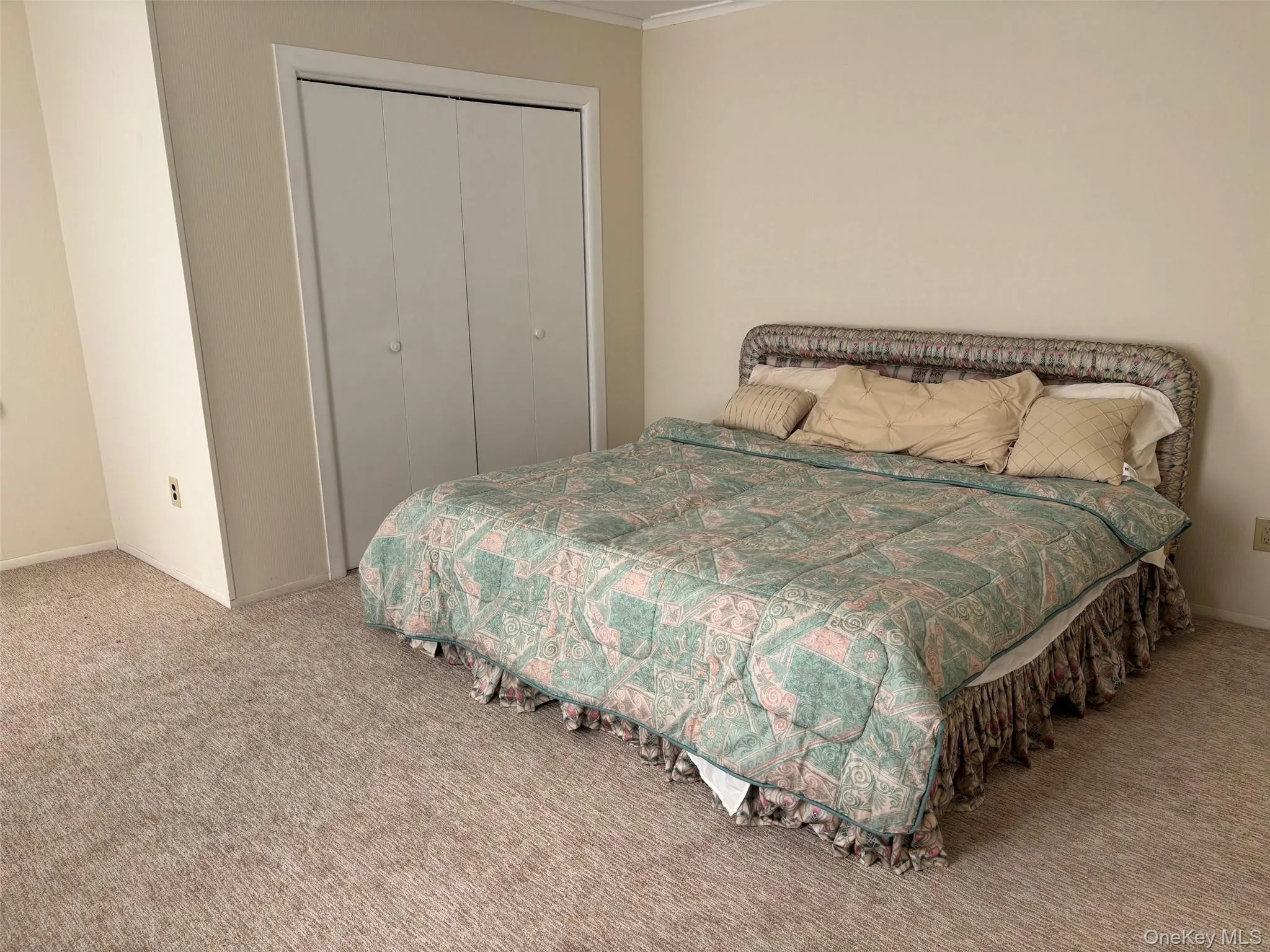 Carpeted bedroom featuring a closet and ornamental molding Carpeted bedroom featuring a closet and ornamental molding