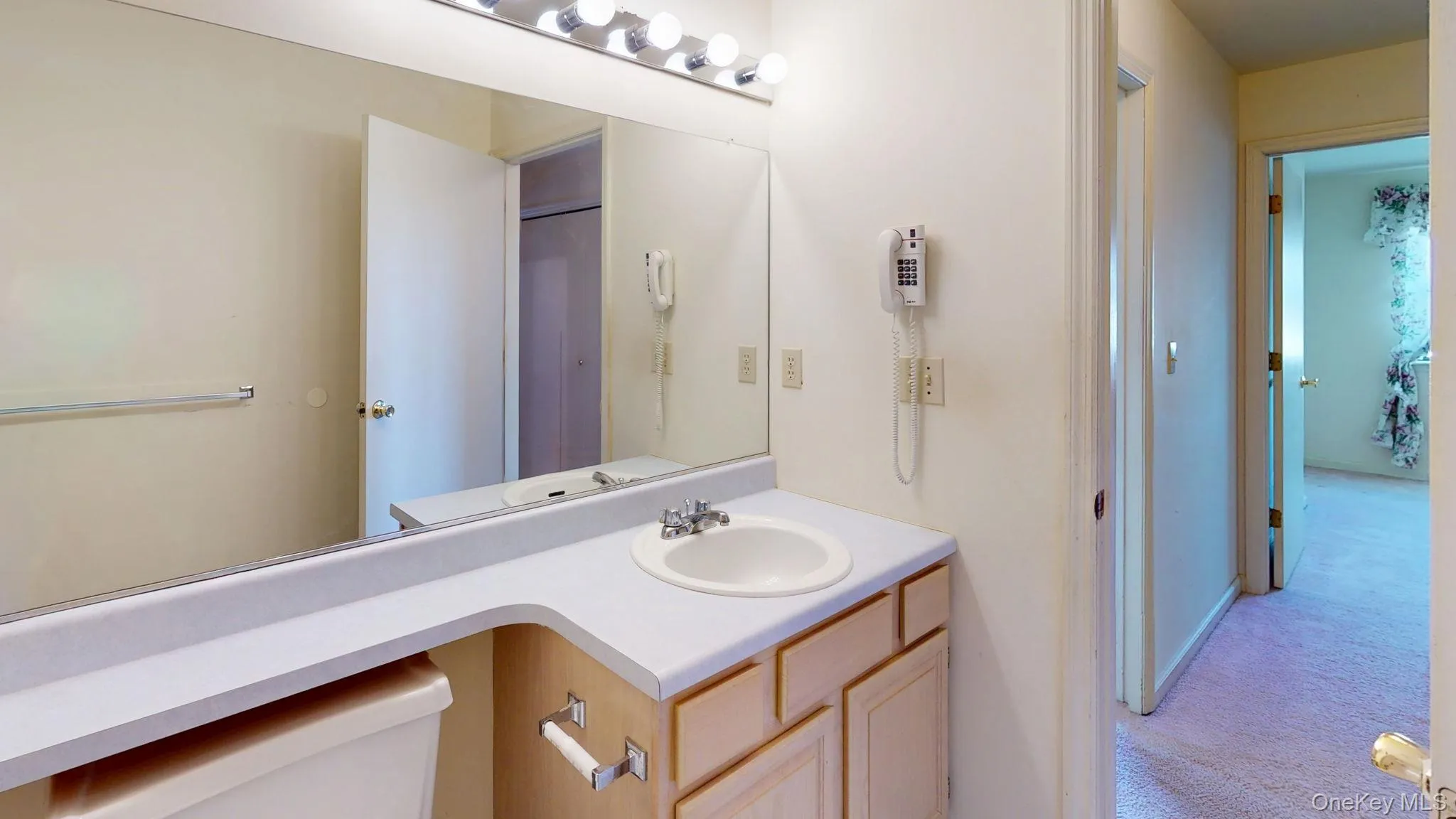 Half bathroom with vanity and light carpet Half bathroom with vanity and light carpet