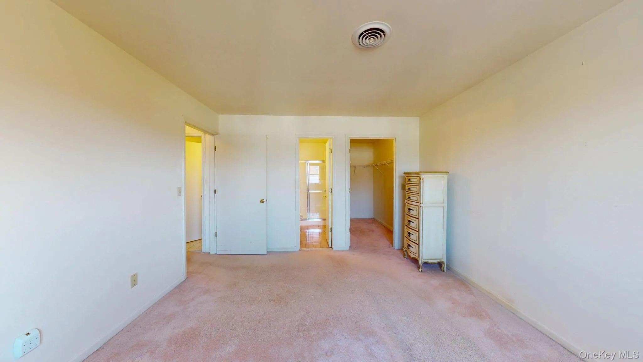 Unfurnished bedroom featuring a walk in closet, carpet flooring, and connected bathroom Unfurnished bedroom featuring a walk in closet, carpet flooring, and connected bathroom