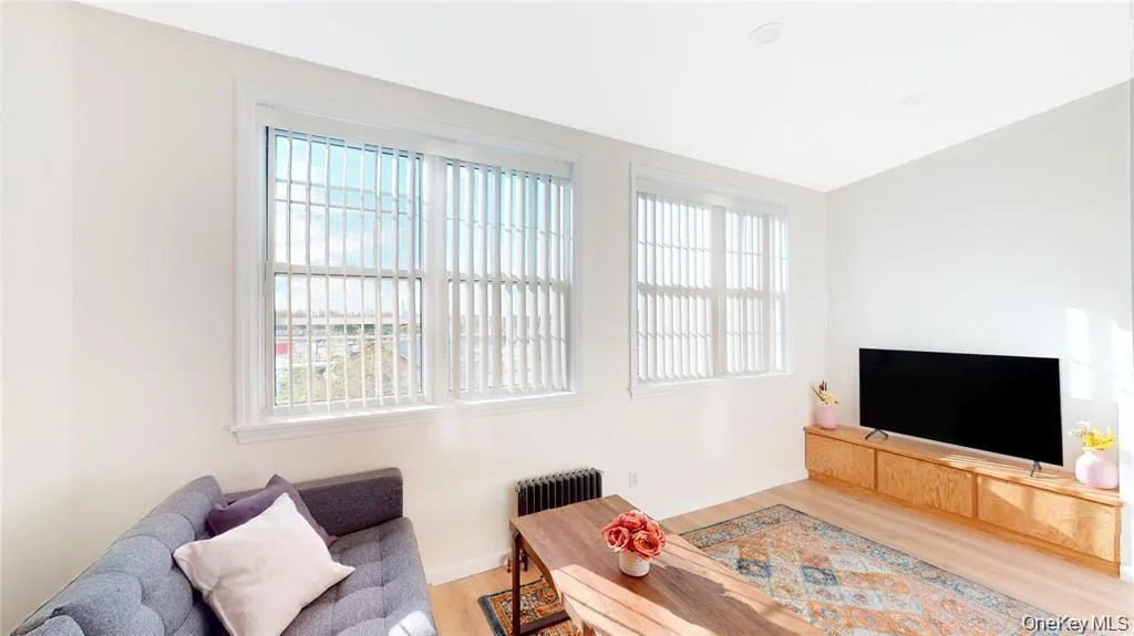 Living area featuring plenty of natural light, light wood finished floors, and radiator Living area featuring plenty of natural light, light wood finished floors, and radiator