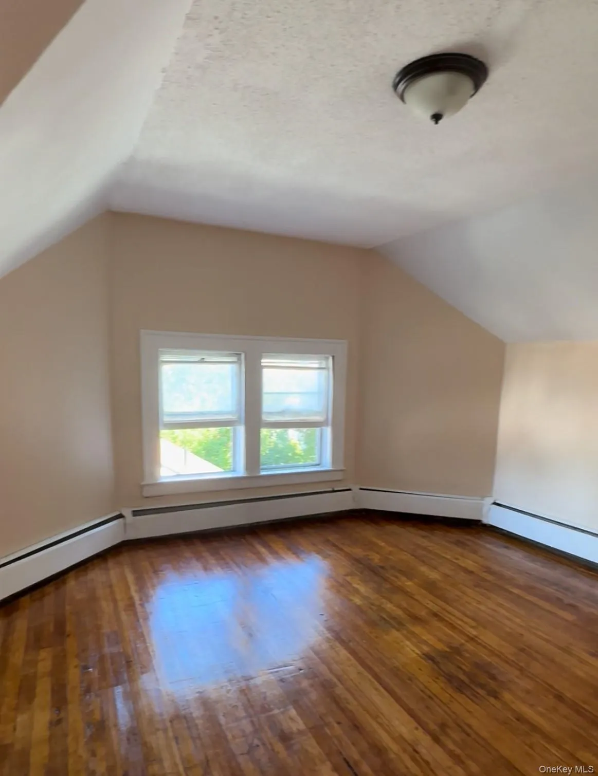 Additional living space featuring lofted ceiling, dark wood-style floors, a baseboard heating unit, and a textured ceiling Additional living space featuring lofted ceiling, dark wood-style floors, a baseboard heating unit, and a textured ceiling