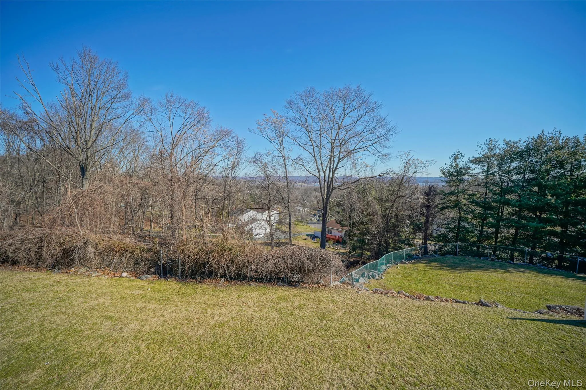 View of grassy yard featuring view of wooded area View of grassy yard featuring view of wooded area