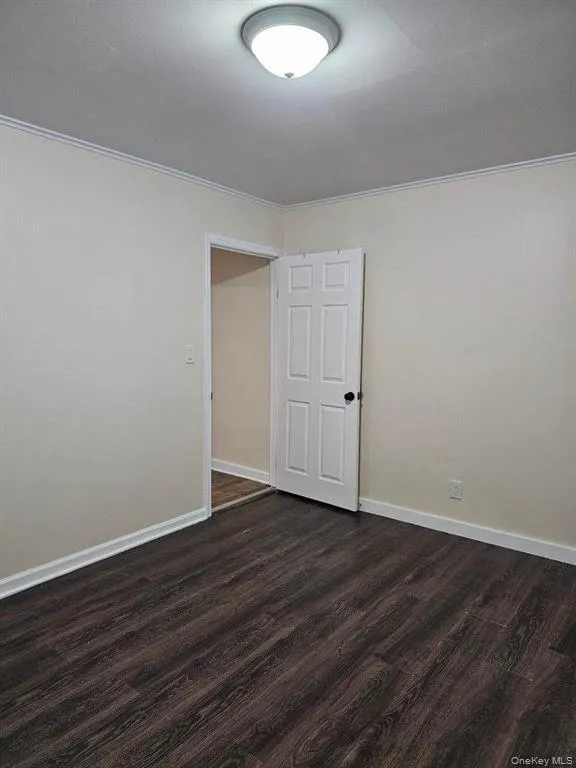 Spare room with ornamental molding and dark wood-type flooring Spare room with ornamental molding and dark wood-type flooring